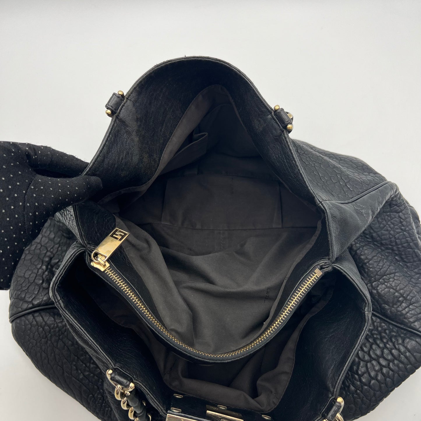 Fendi Black Pebbled Leather Mia Tote GHW