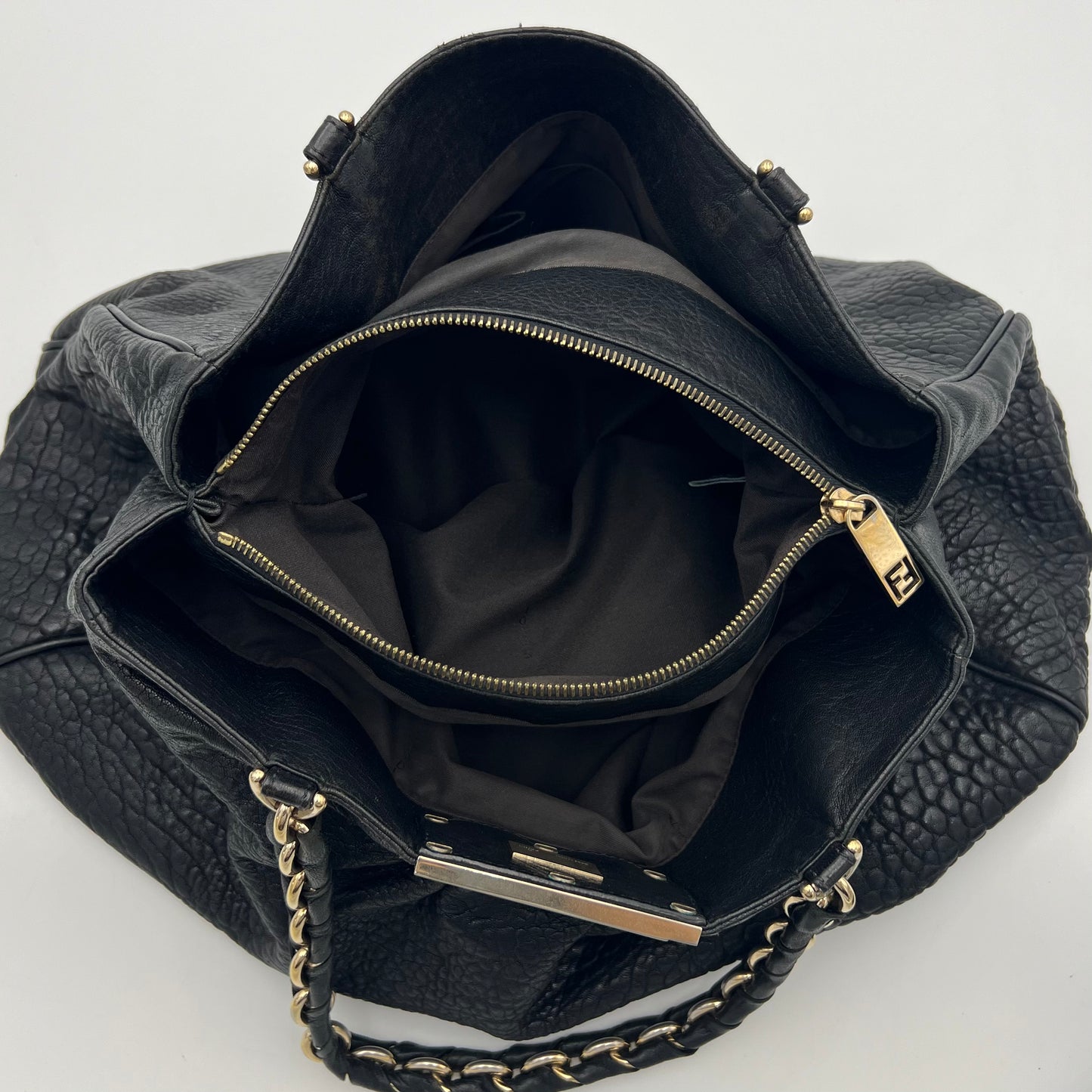 Fendi Black Pebbled Leather Mia Tote GHW