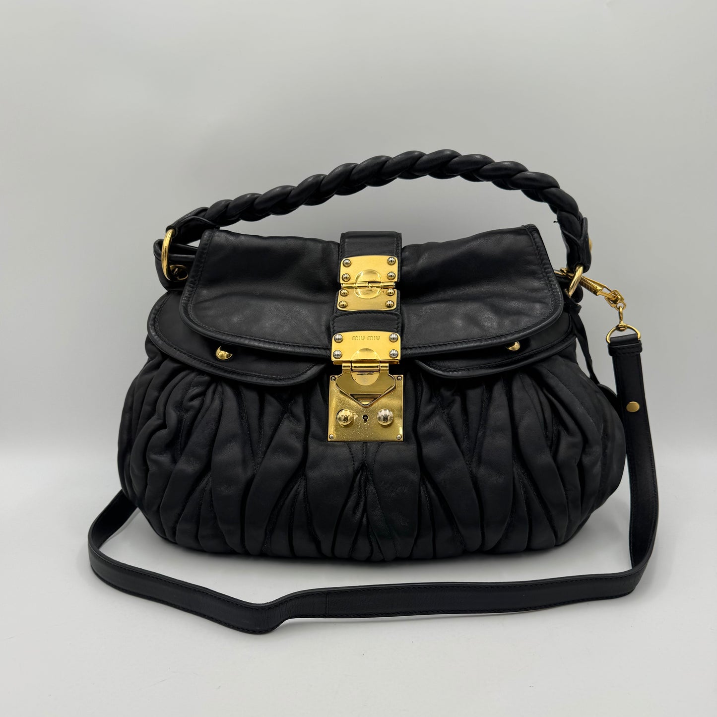 Miu Miu Black Matelasse Nappa Leather Braided Handle Large Coffer Handbag with Long Strap GHW