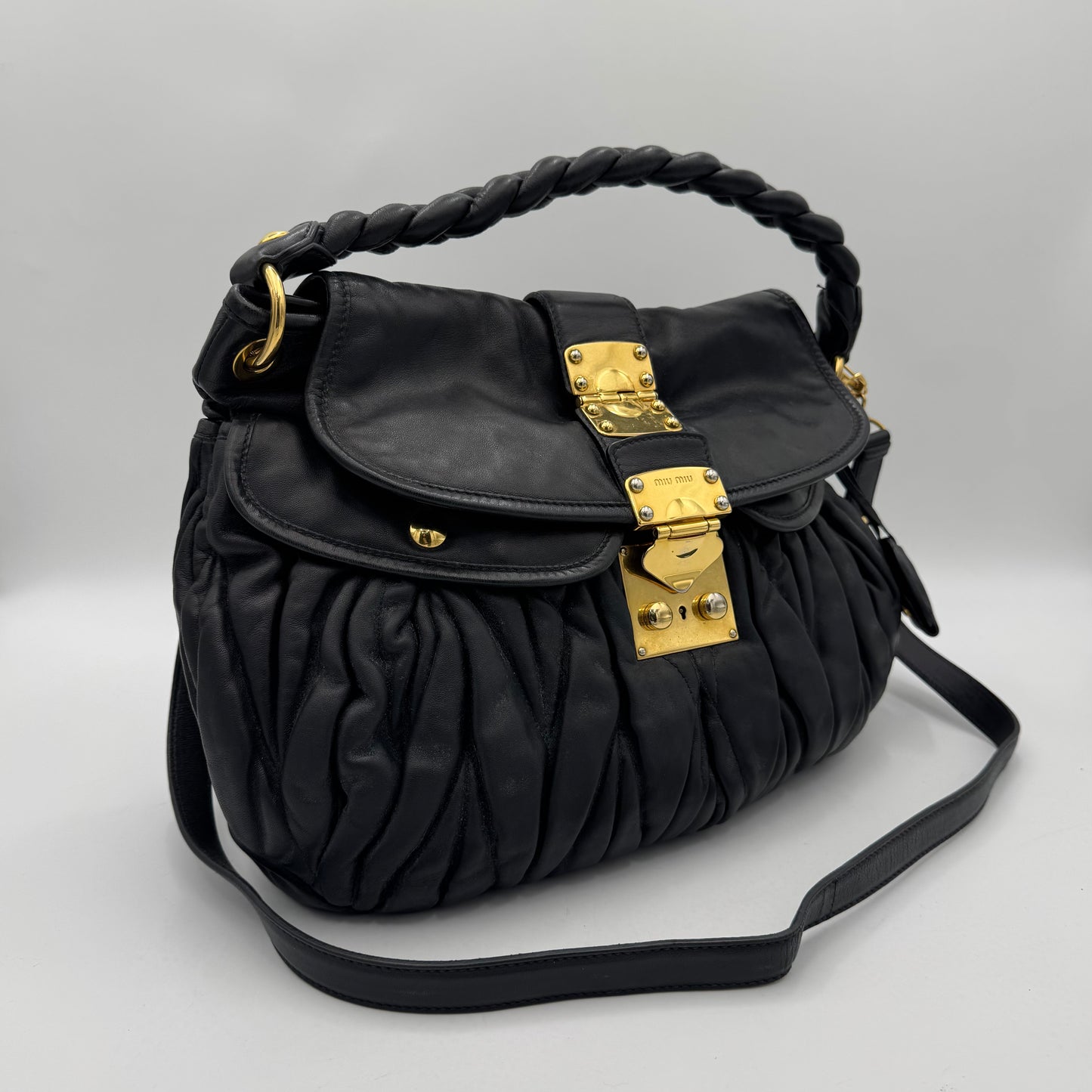 Miu Miu Black Matelasse Nappa Leather Braided Handle Large Coffer Handbag with Long Strap GHW