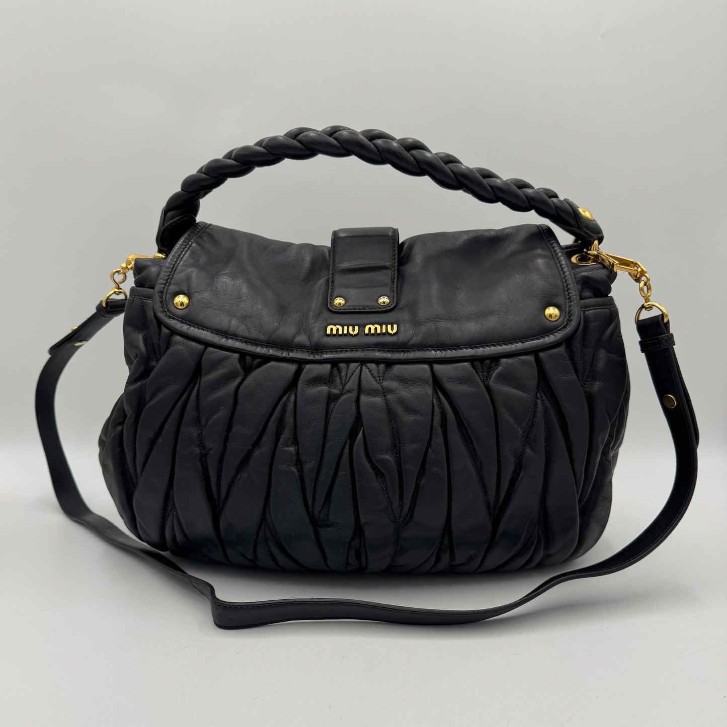 Miu Miu Black Matelasse Nappa Leather Braided Handle Large Coffer Handbag with Long Strap GHW