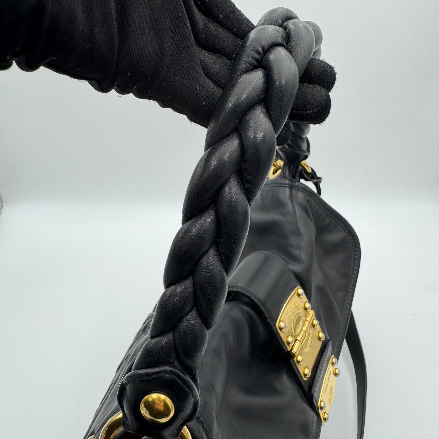 Miu Miu Black Matelasse Nappa Leather Braided Handle Large Coffer Handbag with Long Strap GHW