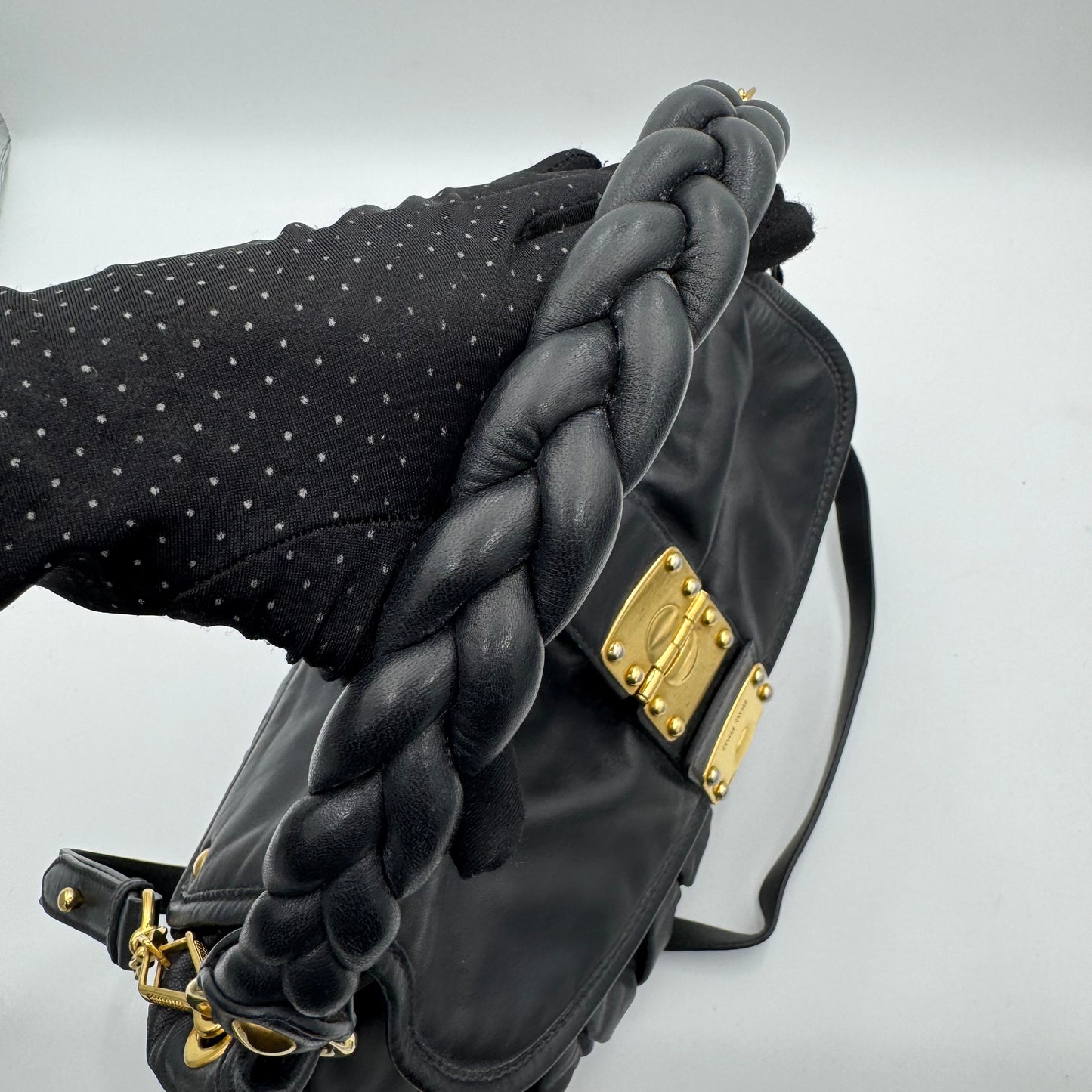 Miu Miu Black Matelasse Nappa Leather Braided Handle Large Coffer Handbag with Long Strap GHW