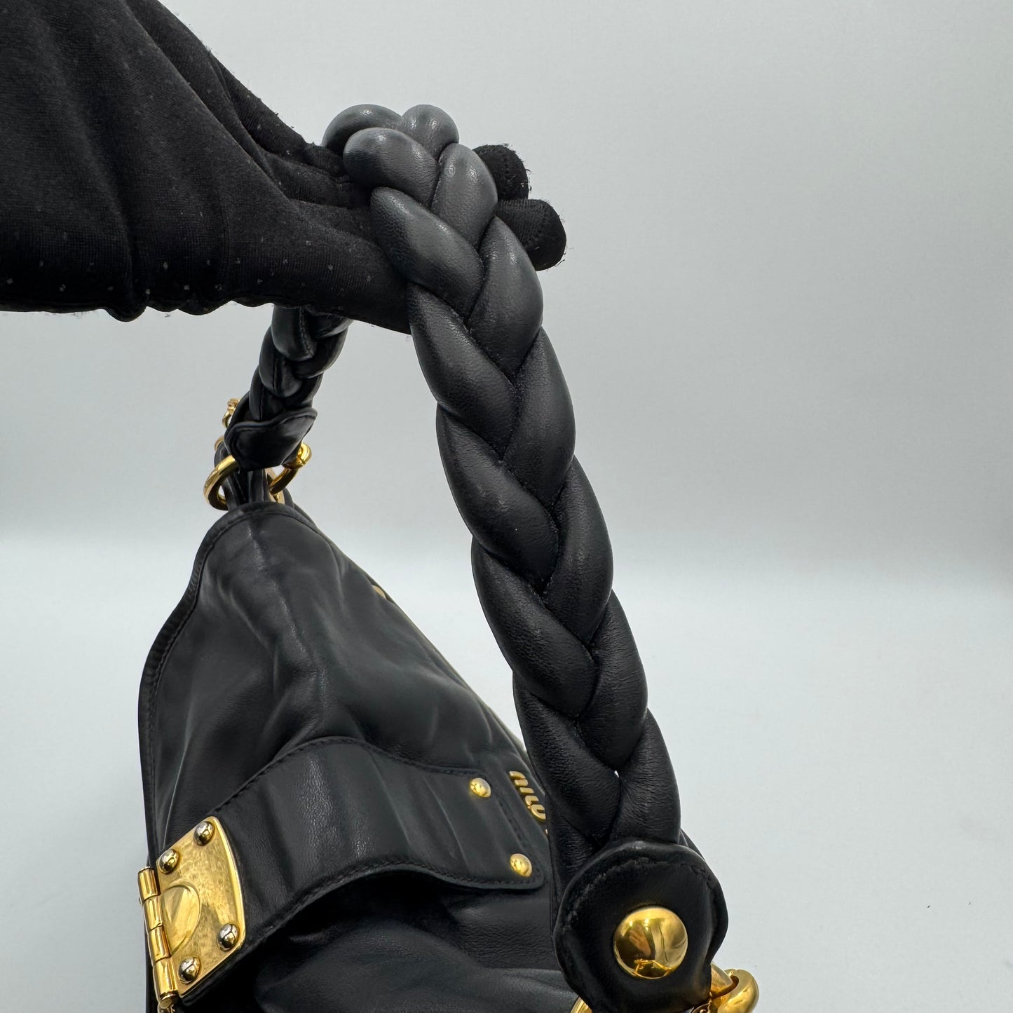 Miu Miu Black Matelasse Nappa Leather Braided Handle Large Coffer Handbag with Long Strap GHW