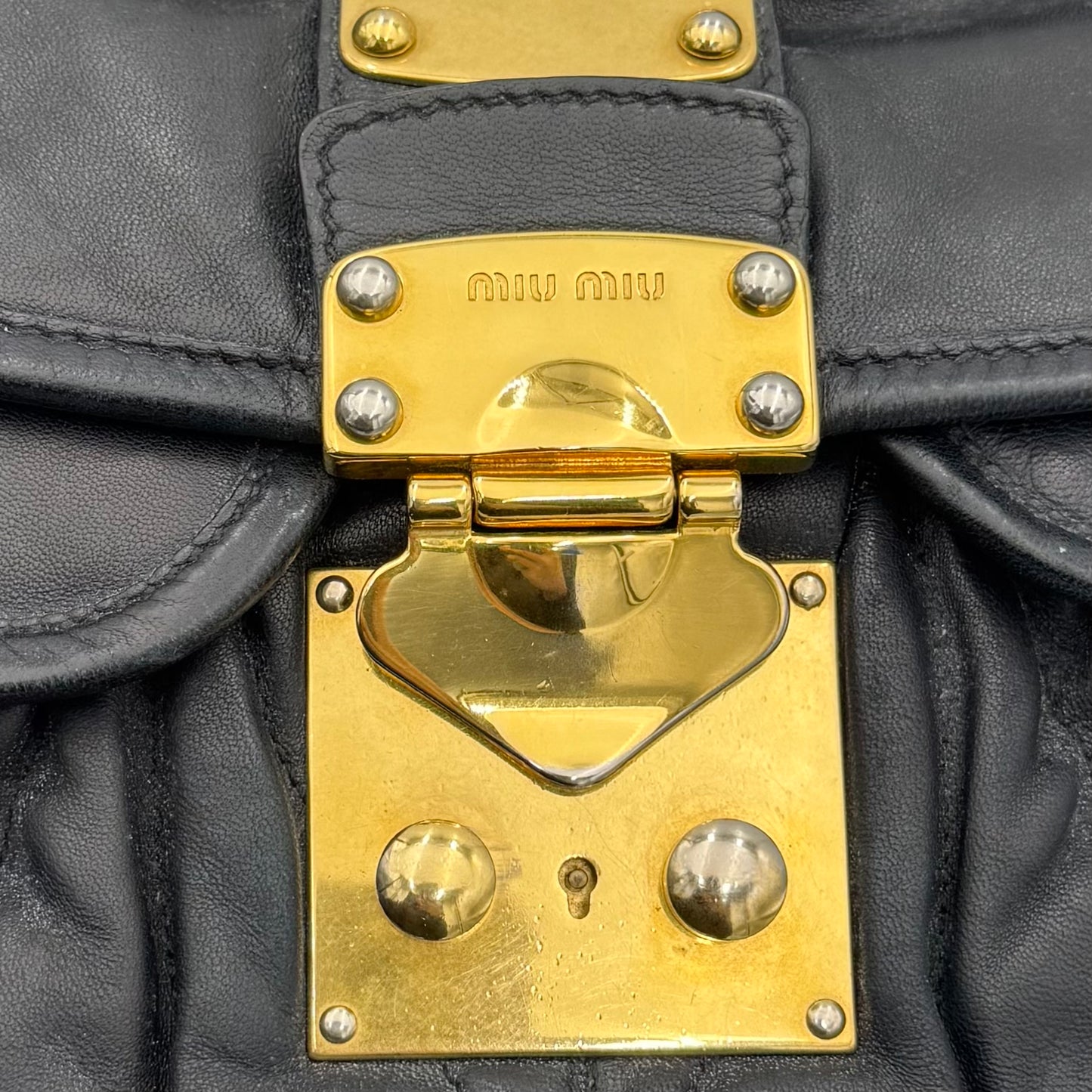 Miu Miu Black Matelasse Nappa Leather Braided Handle Large Coffer Handbag with Long Strap GHW