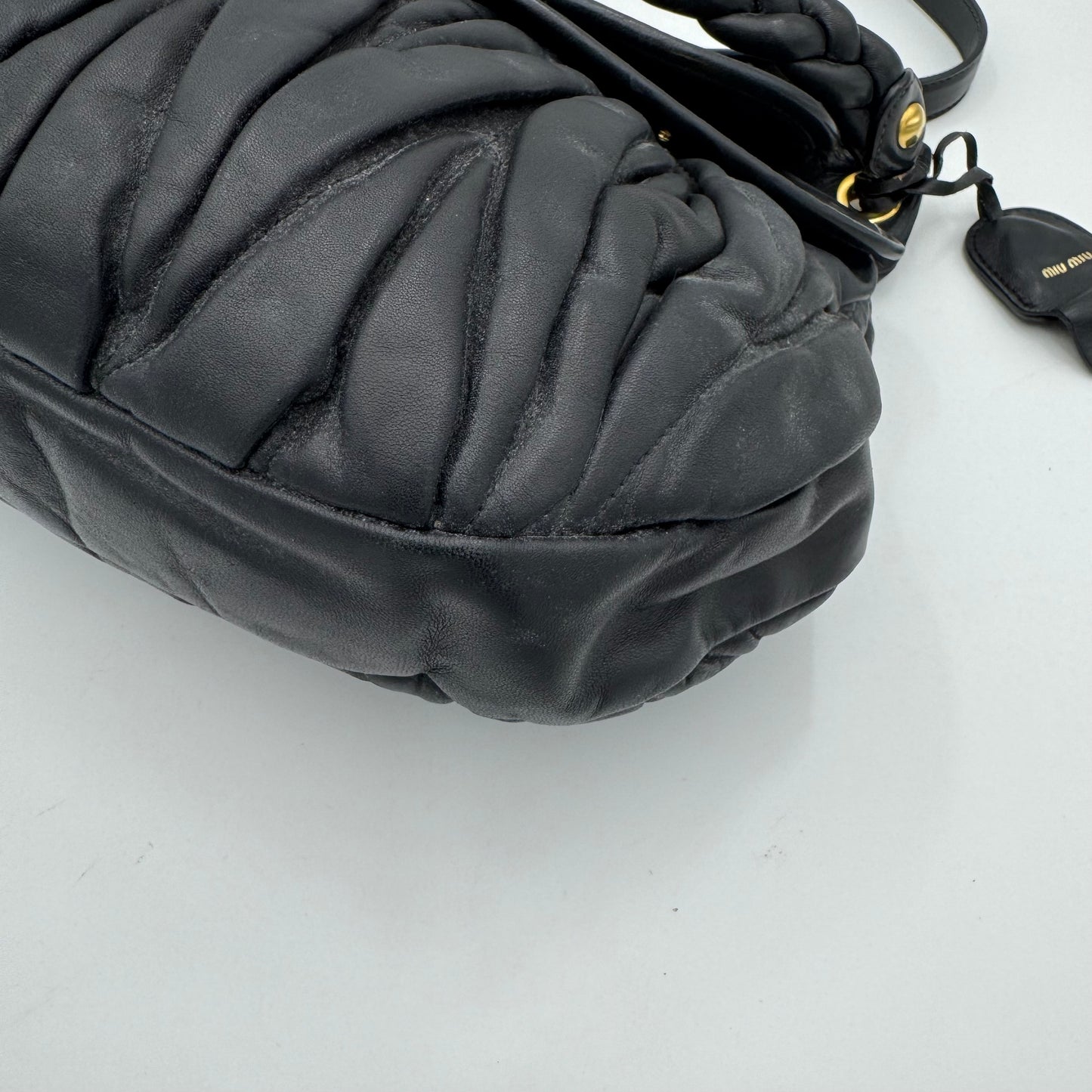 Miu Miu Black Matelasse Nappa Leather Braided Handle Large Coffer Handbag with Long Strap GHW