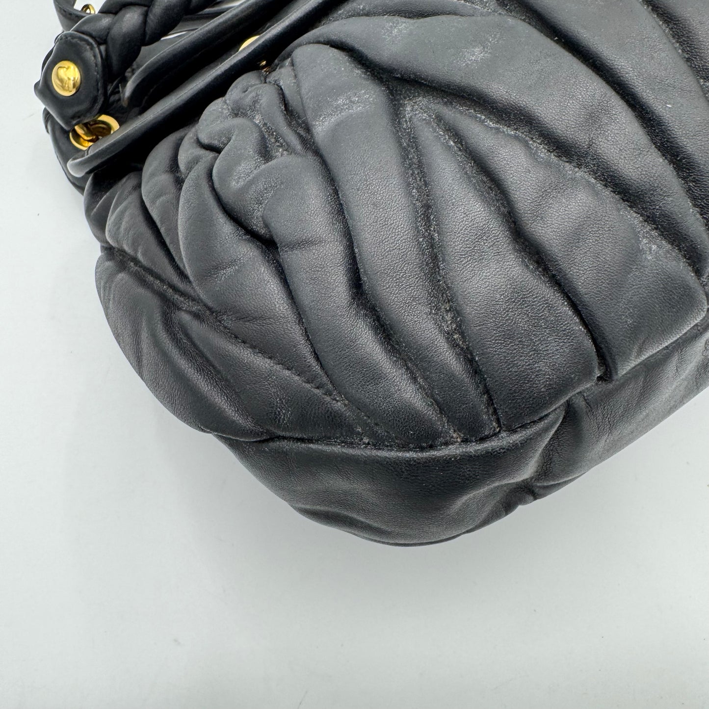 Miu Miu Black Matelasse Nappa Leather Braided Handle Large Coffer Handbag with Long Strap GHW