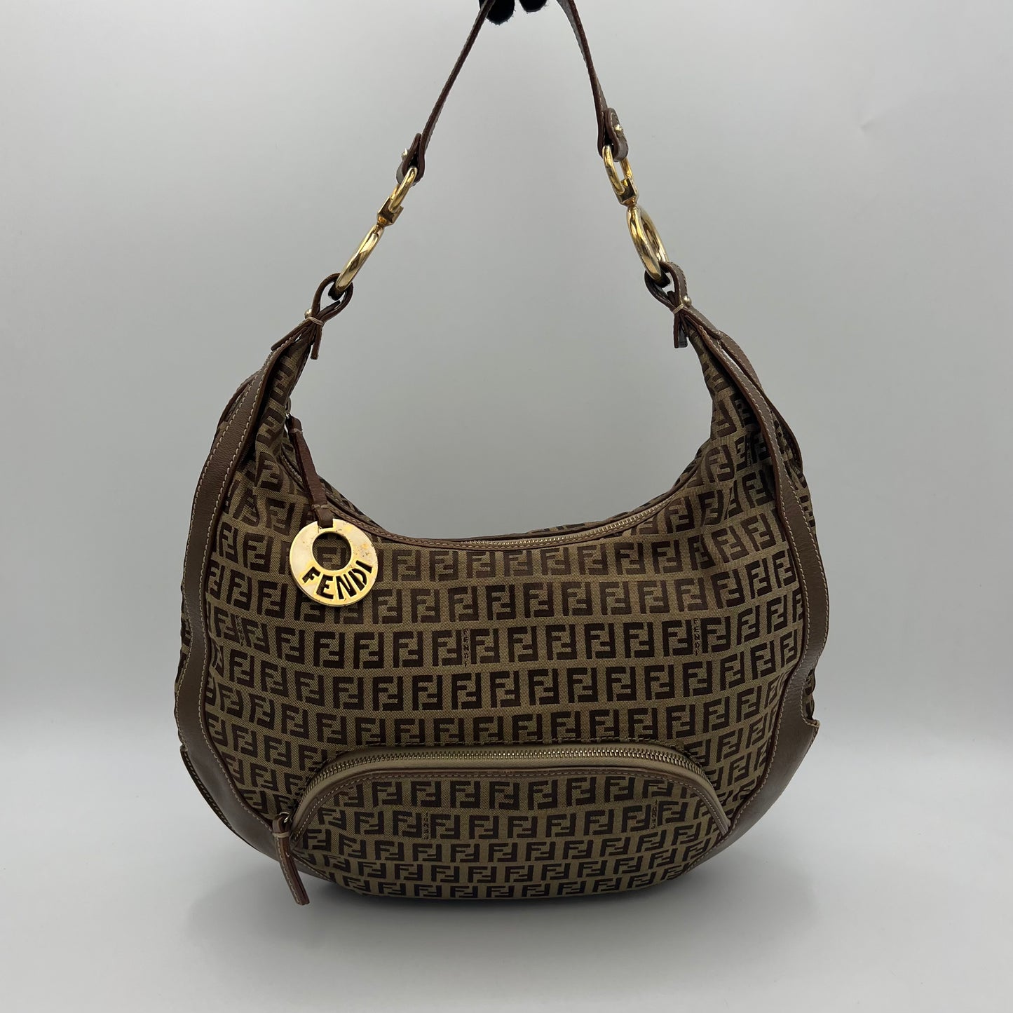 Fendi Brown Zucchino and Leather Large Chef Hobo Shoulder Bag GHW