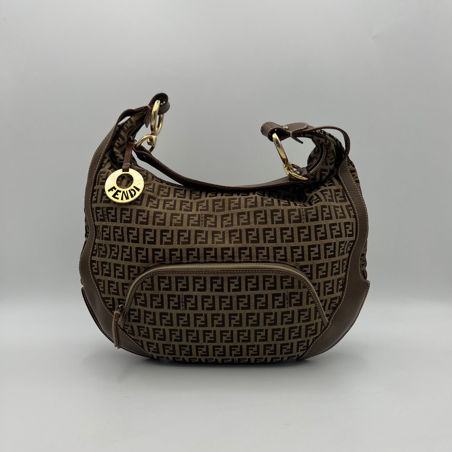 Fendi Brown Zucchino and Leather Large Chef Hobo Shoulder Bag GHW