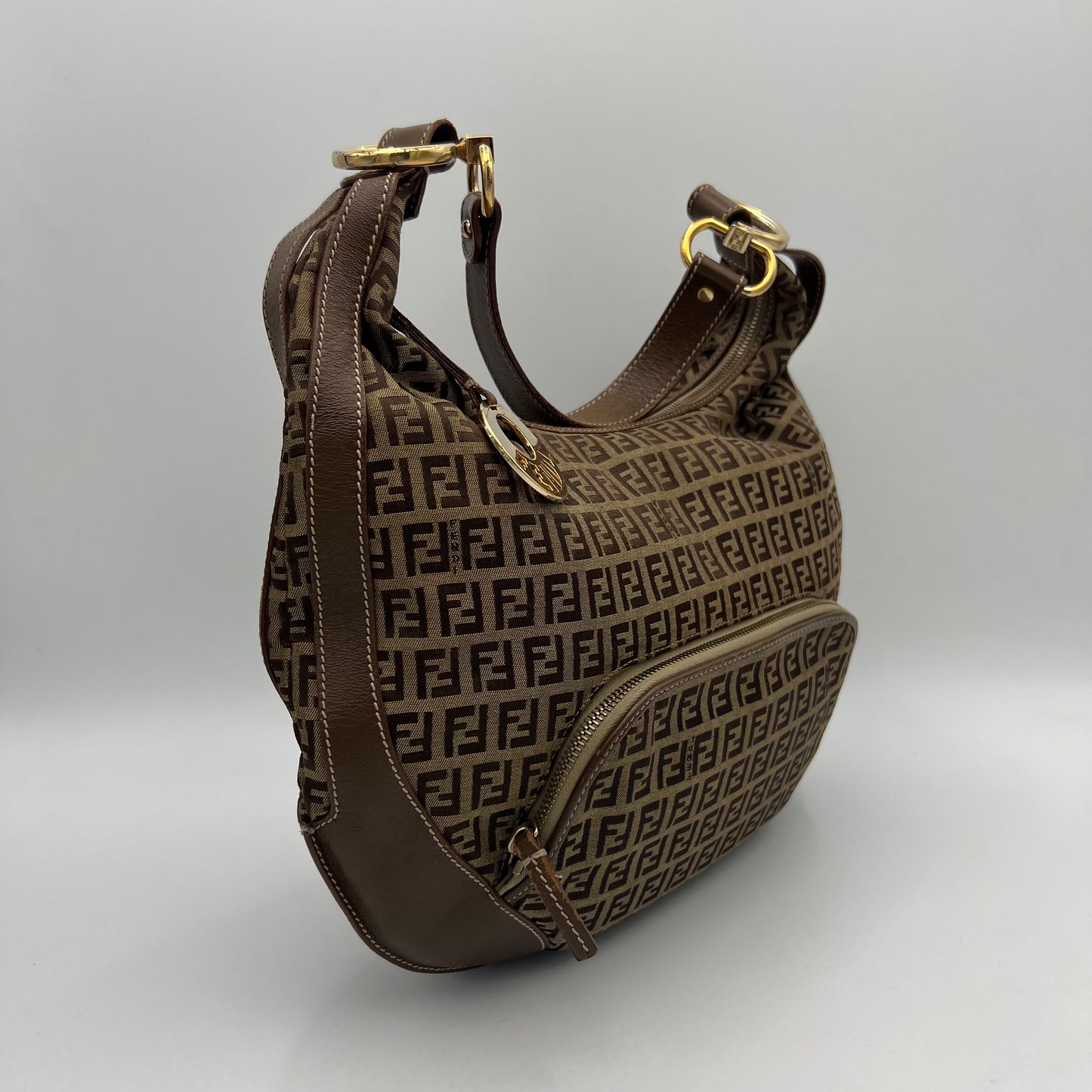 Fendi Brown Zucchino and Leather Large Chef Hobo Shoulder Bag GHW