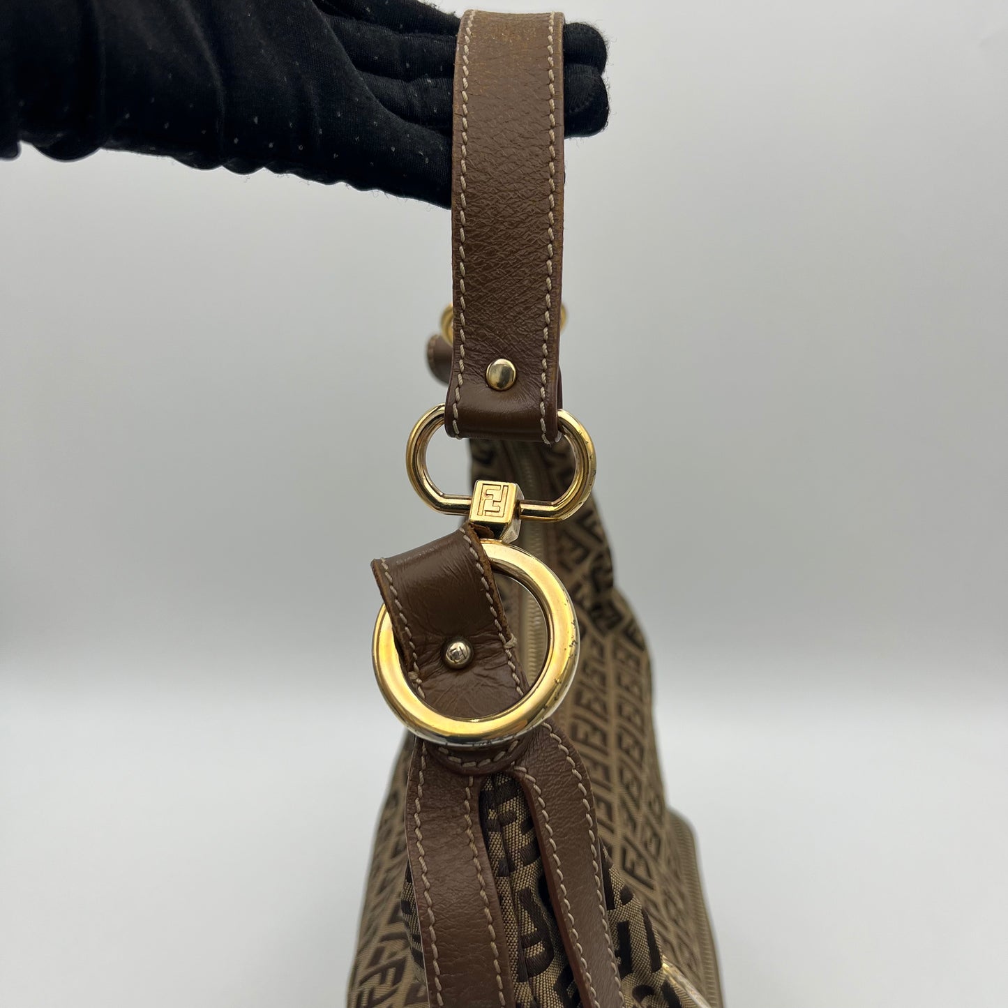 Fendi Brown Zucchino and Leather Large Chef Hobo Shoulder Bag GHW