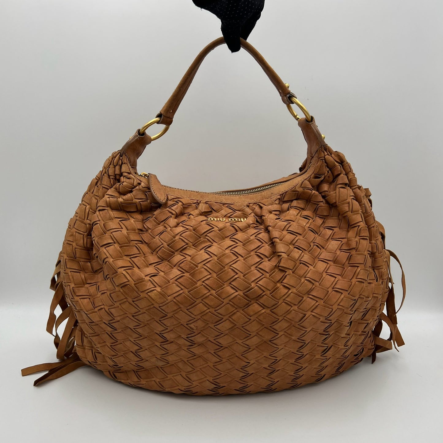 Miu Miu Brown Woven Fringe Large Hobo Bag