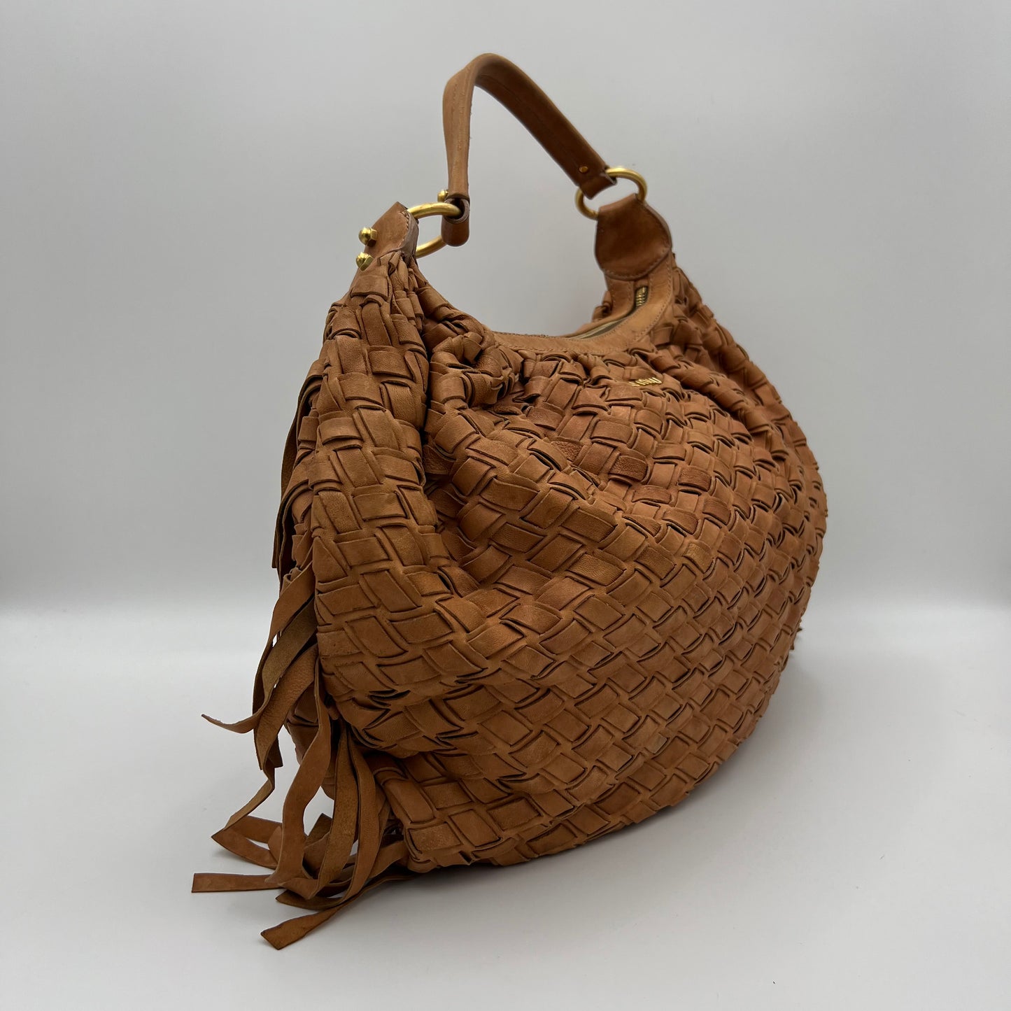 Miu Miu Brown Woven Fringe Large Hobo Bag