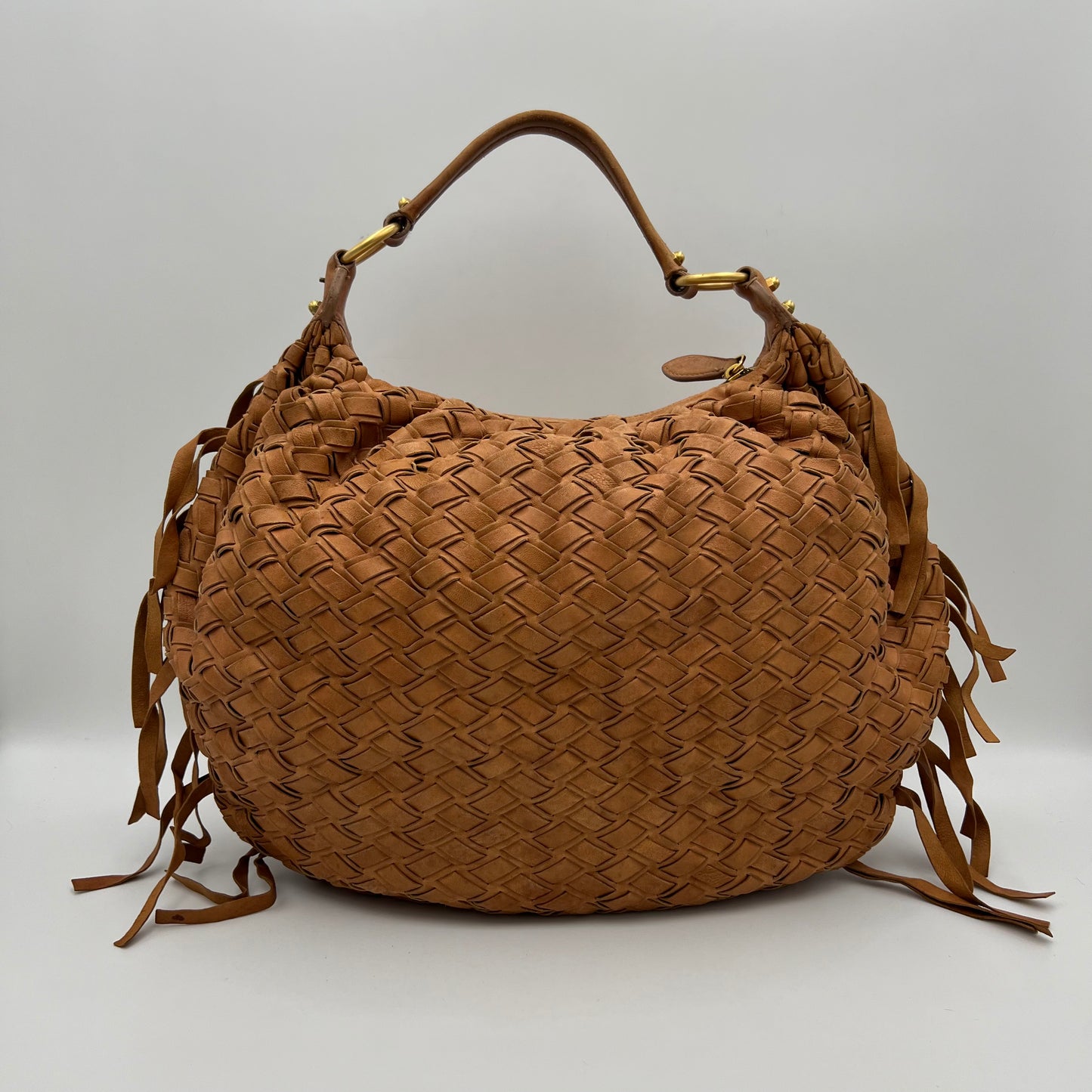Miu Miu Brown Woven Fringe Large Hobo Bag