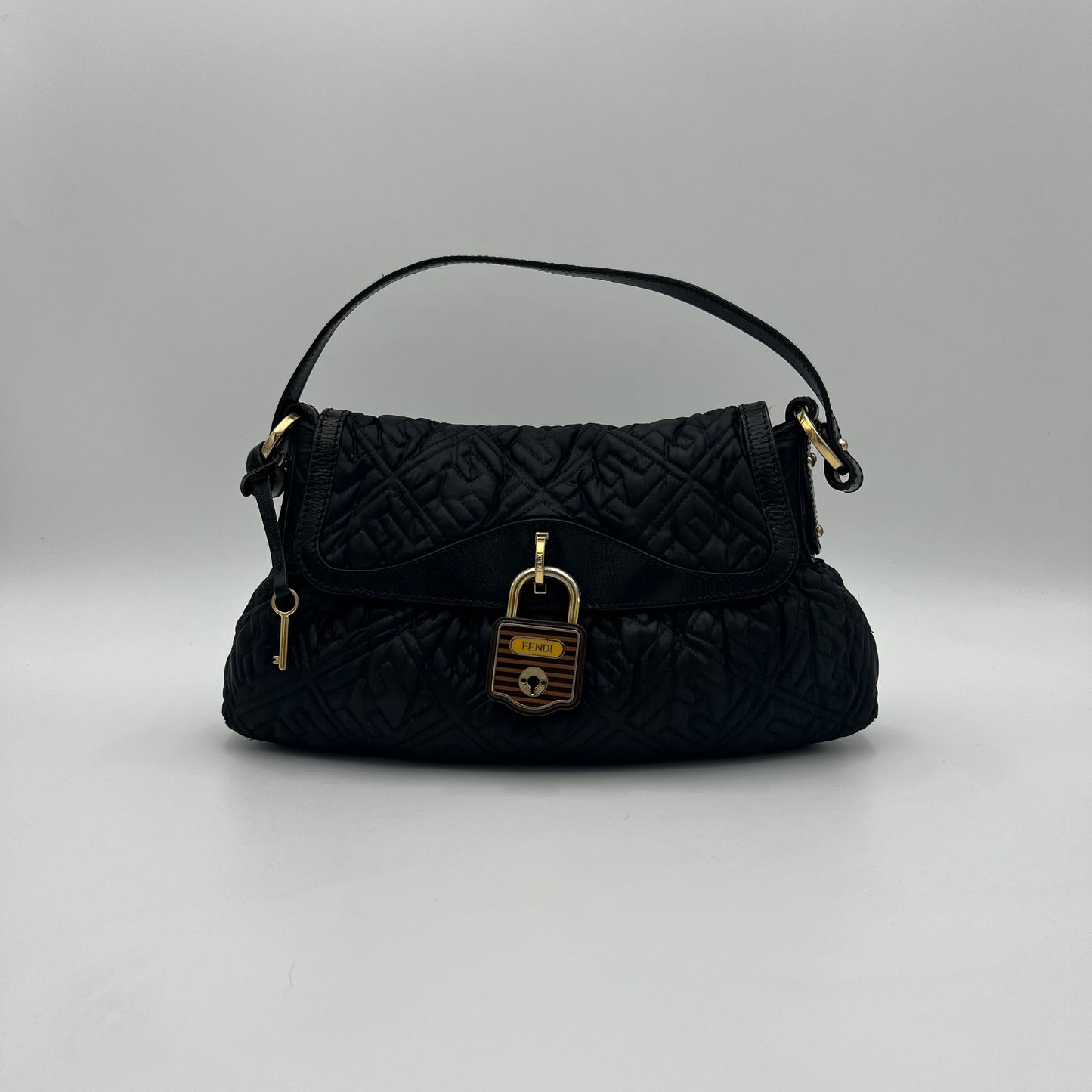 Fendi Black Monogram Puffer Striped Lock Chef Shoulder Bag