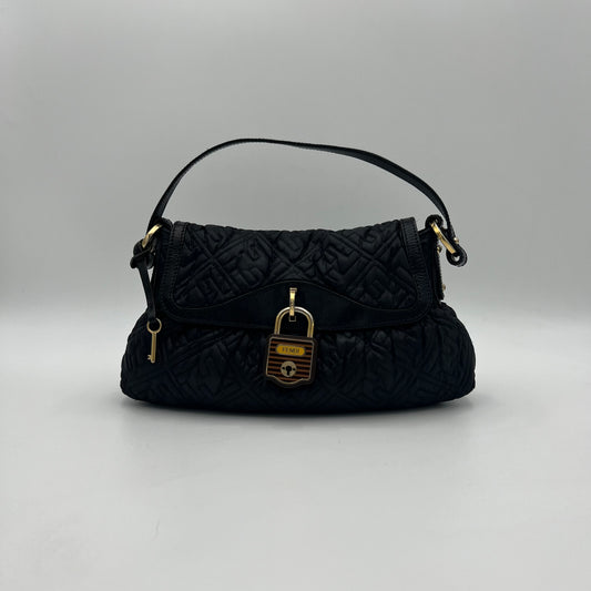 Fendi Black Monogram Puffer Striped Lock Chef Shoulder Bag