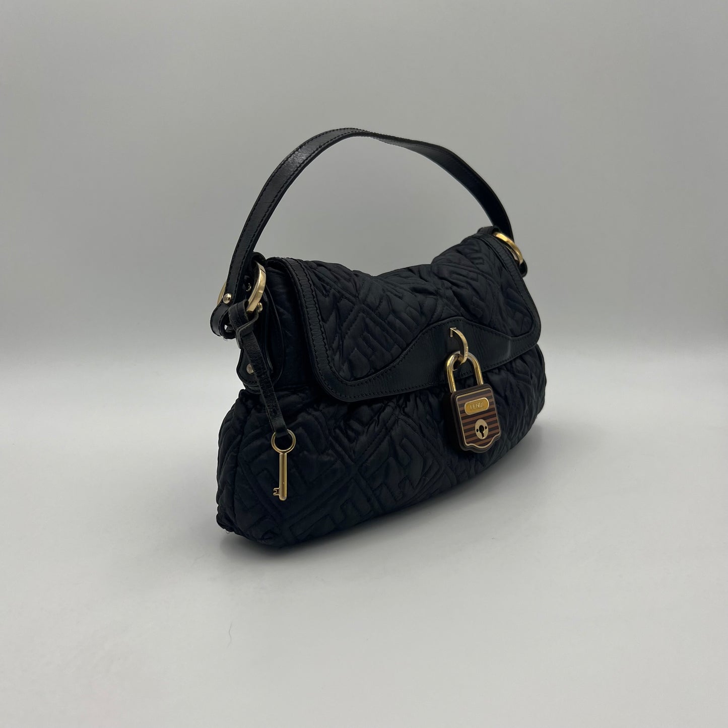 Fendi Black Monogram Puffer Striped Lock Chef Shoulder Bag