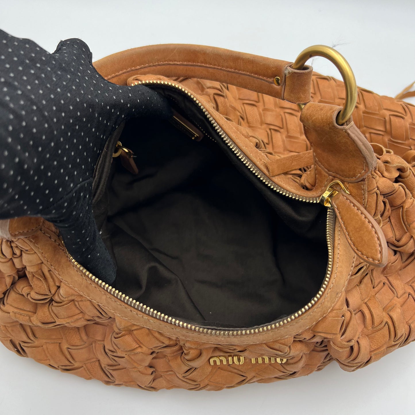 Miu Miu Brown Woven Fringe Large Hobo Bag