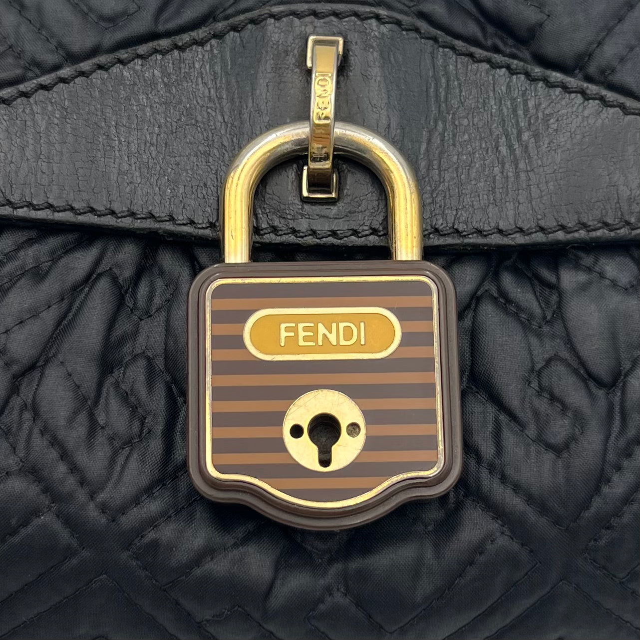 Fendi Black Monogram Puffer Striped Lock Chef Shoulder Bag