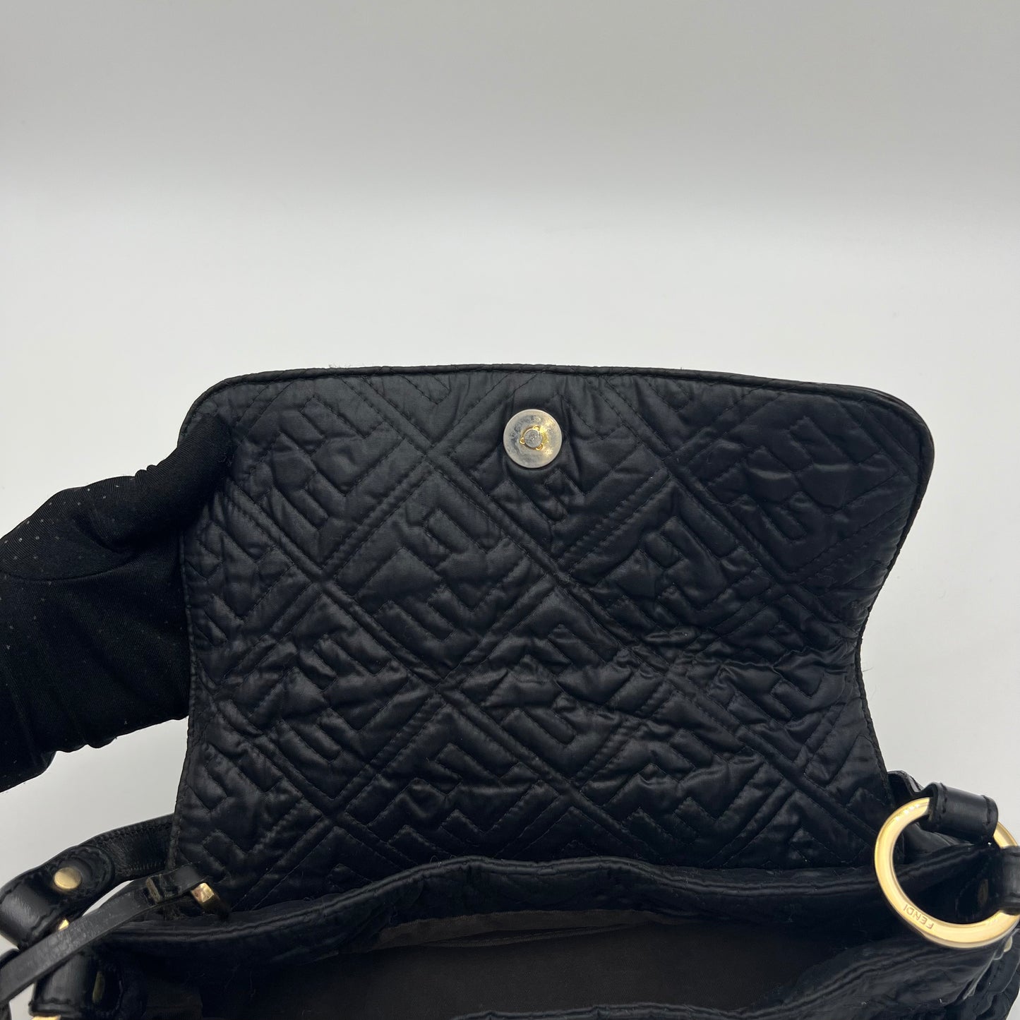 Fendi Black Monogram Puffer Striped Lock Chef Shoulder Bag
