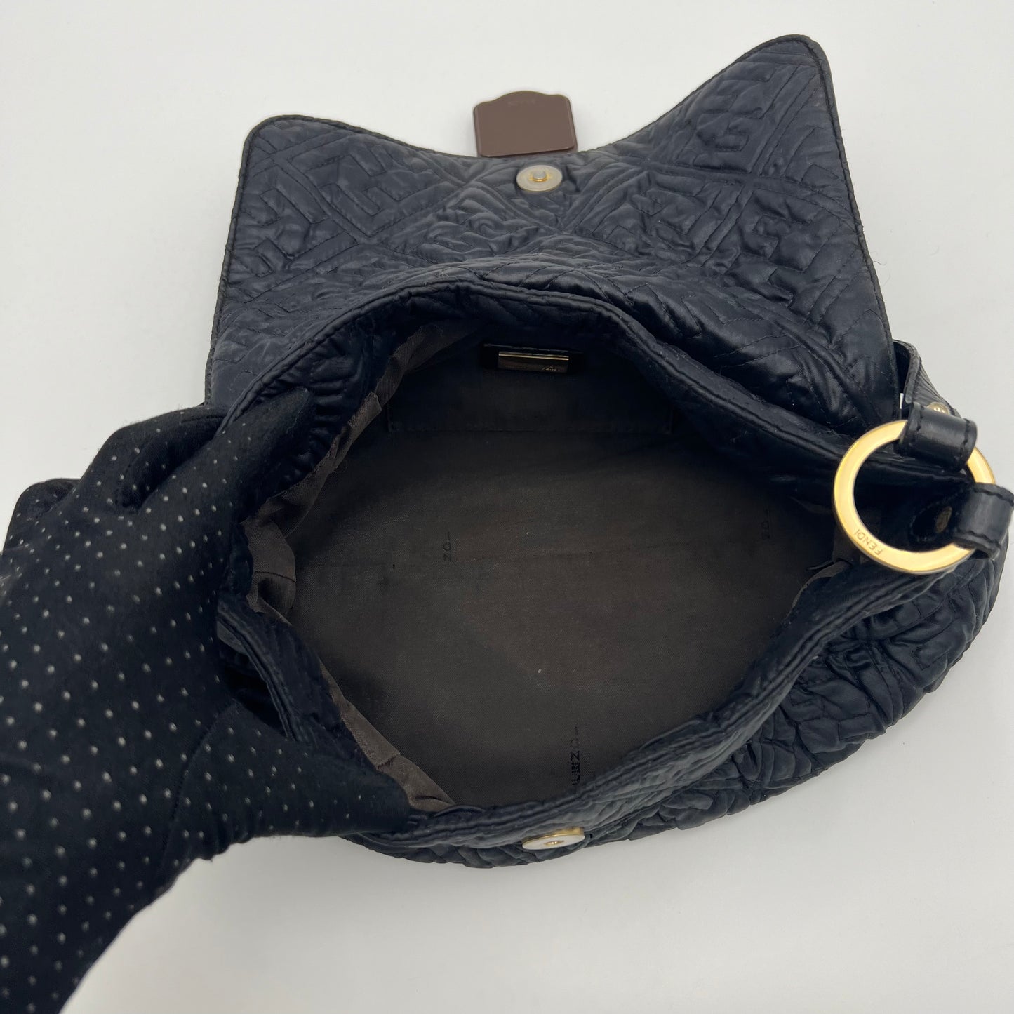 Fendi Black Monogram Puffer Striped Lock Chef Shoulder Bag
