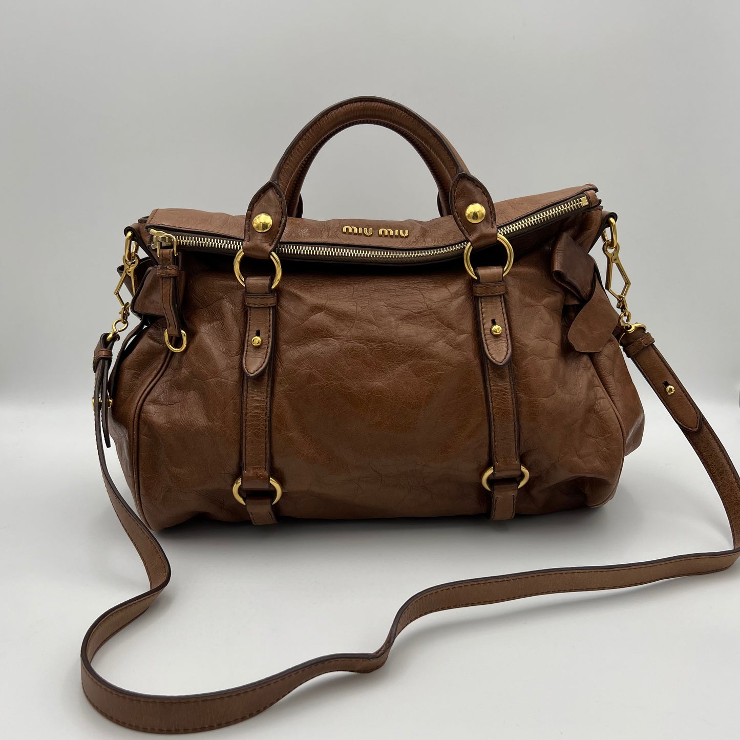 Miu Miu Cognac Brown Lux Vitello Bow Satchel Bag