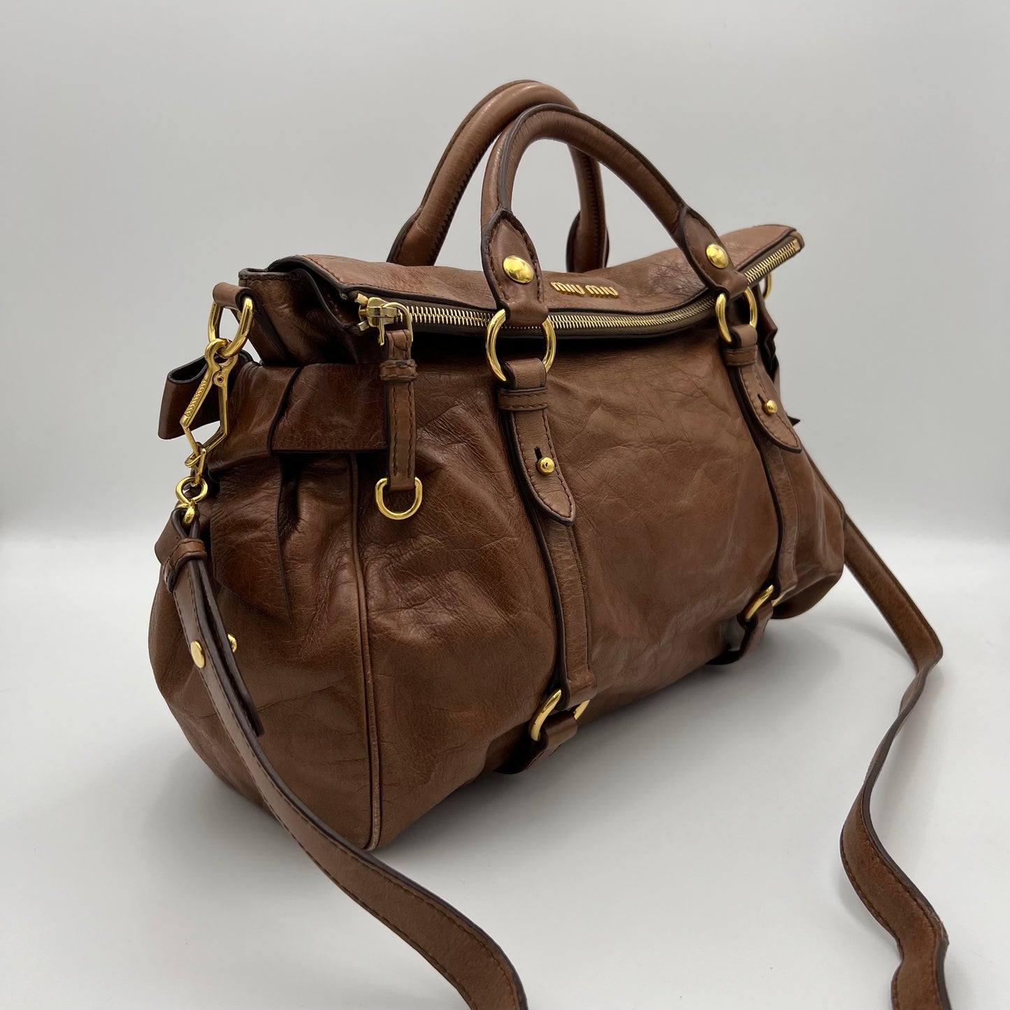 Miu Miu Cognac Brown Lux Vitello Bow Satchel Bag