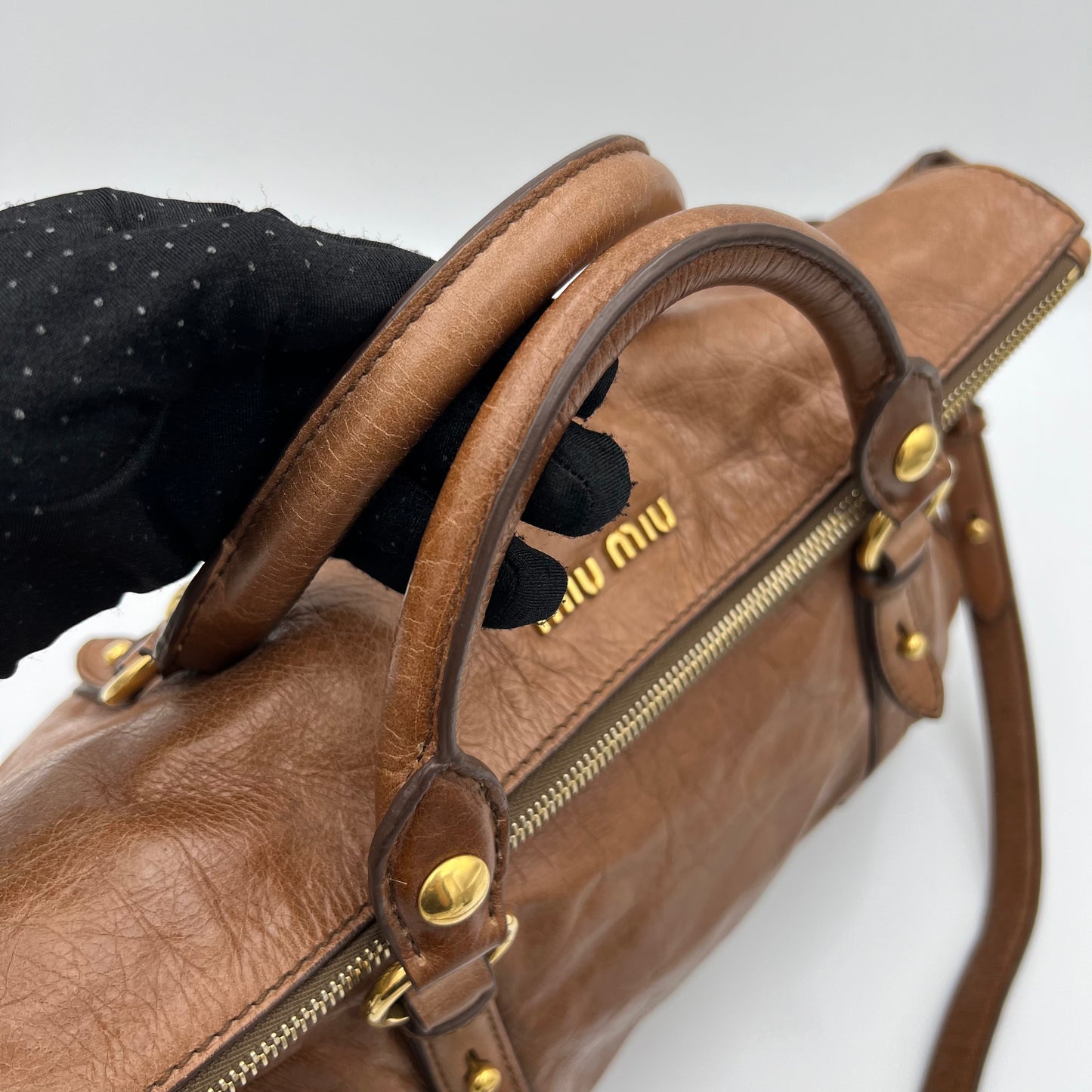 Miu Miu Cognac Brown Lux Vitello Bow Satchel Bag