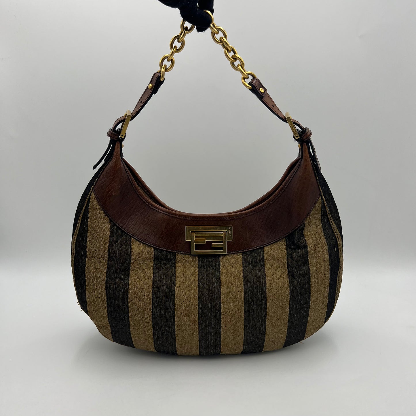 Fendi Pequin Striped Quilted Canvas Hobo Shoulder Bag