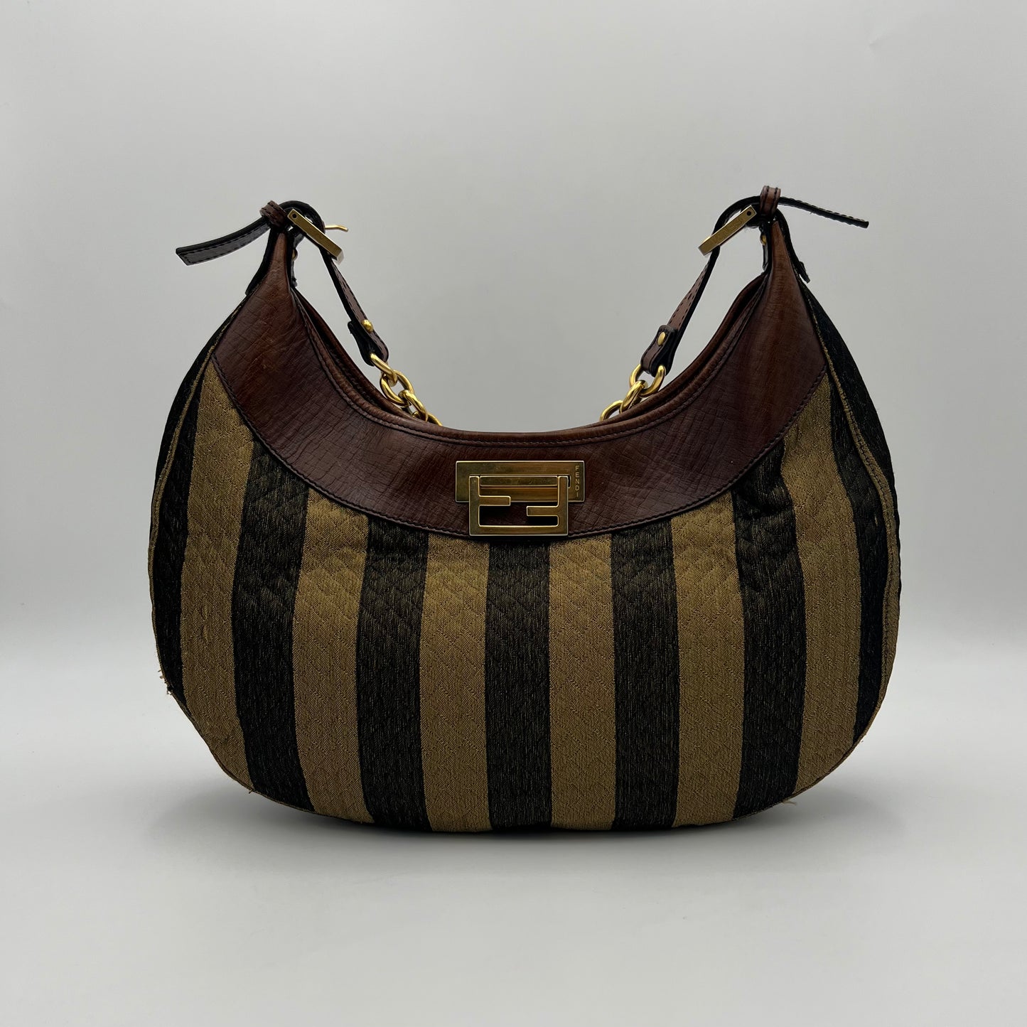 Fendi Pequin Striped Quilted Canvas Hobo Shoulder Bag