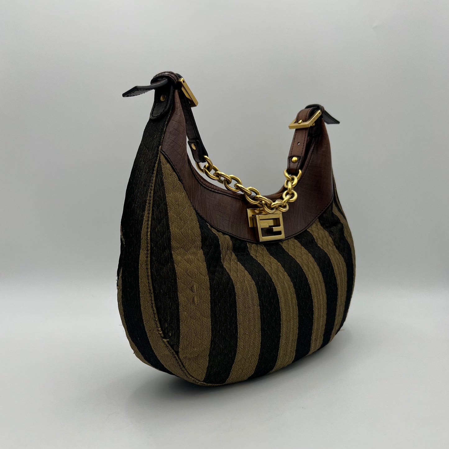 Fendi Pequin Striped Quilted Canvas Hobo Shoulder Bag