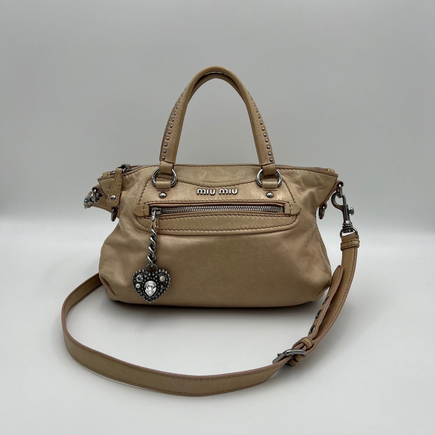 Miu Miu Beige Vitello Lux Crystal Heart Charm Two-Way Bag