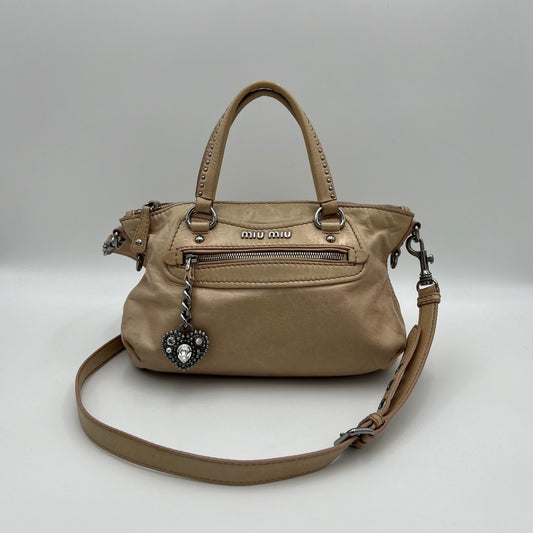Miu Miu Beige Vitello Lux Crystal Heart Charm Two-Way Bag