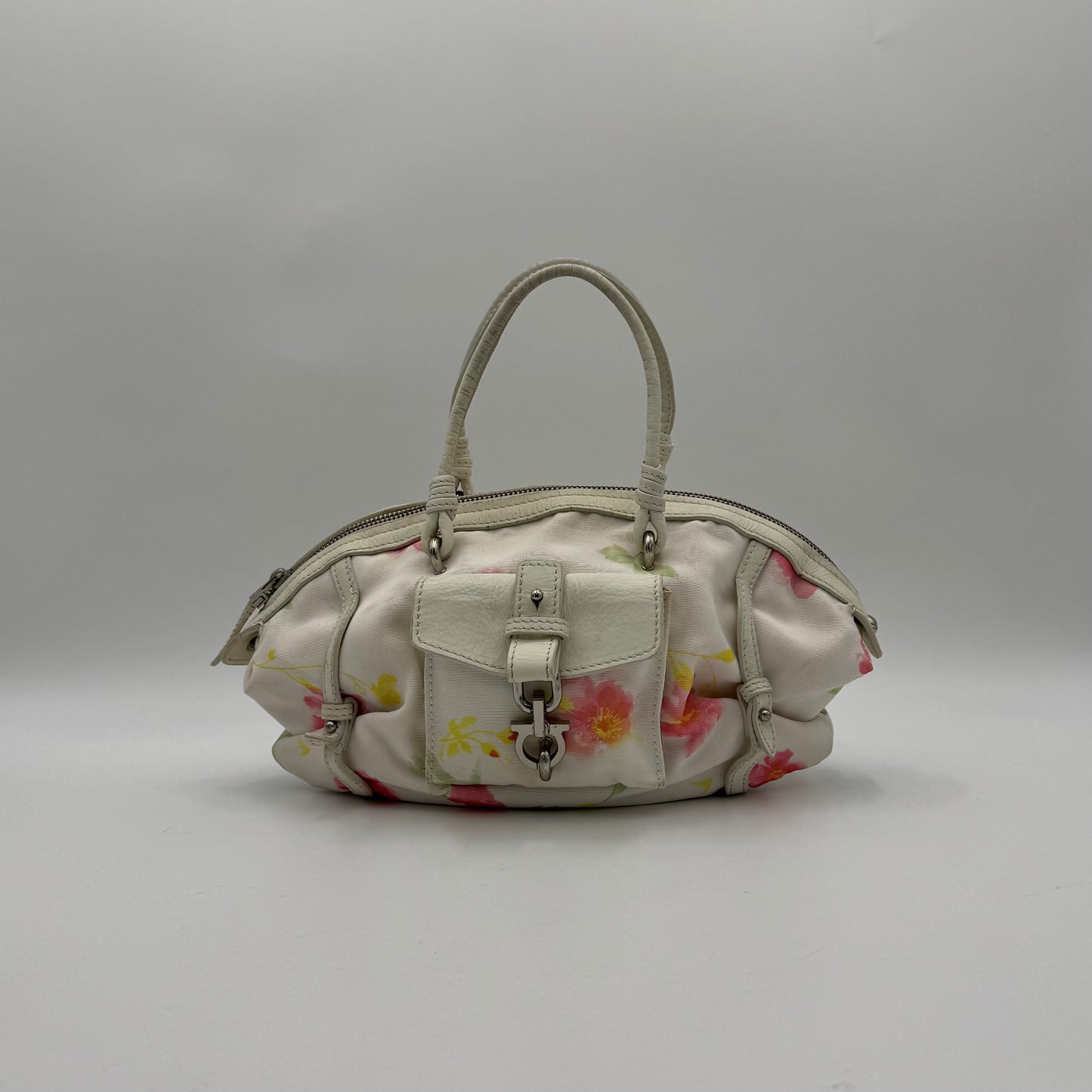 Salvatore Ferragamo White Floral Canvas and Leather Small Boston