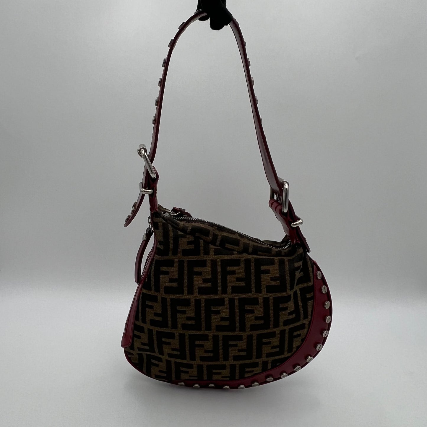 Fendi Tobacco Zucca and Studded Burgundy Leather Oyster Bag