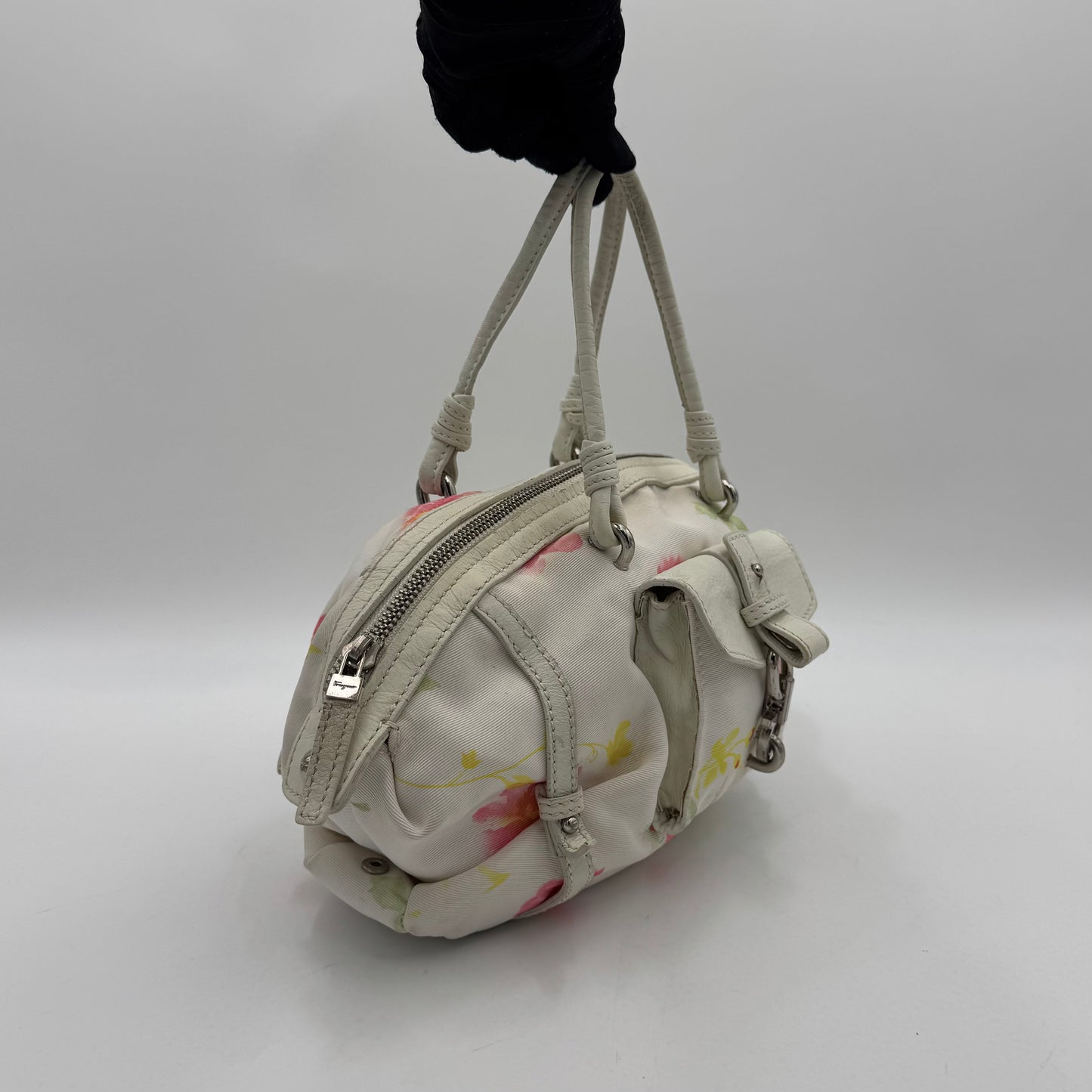 Salvatore Ferragamo White Floral Canvas and Leather Small Boston