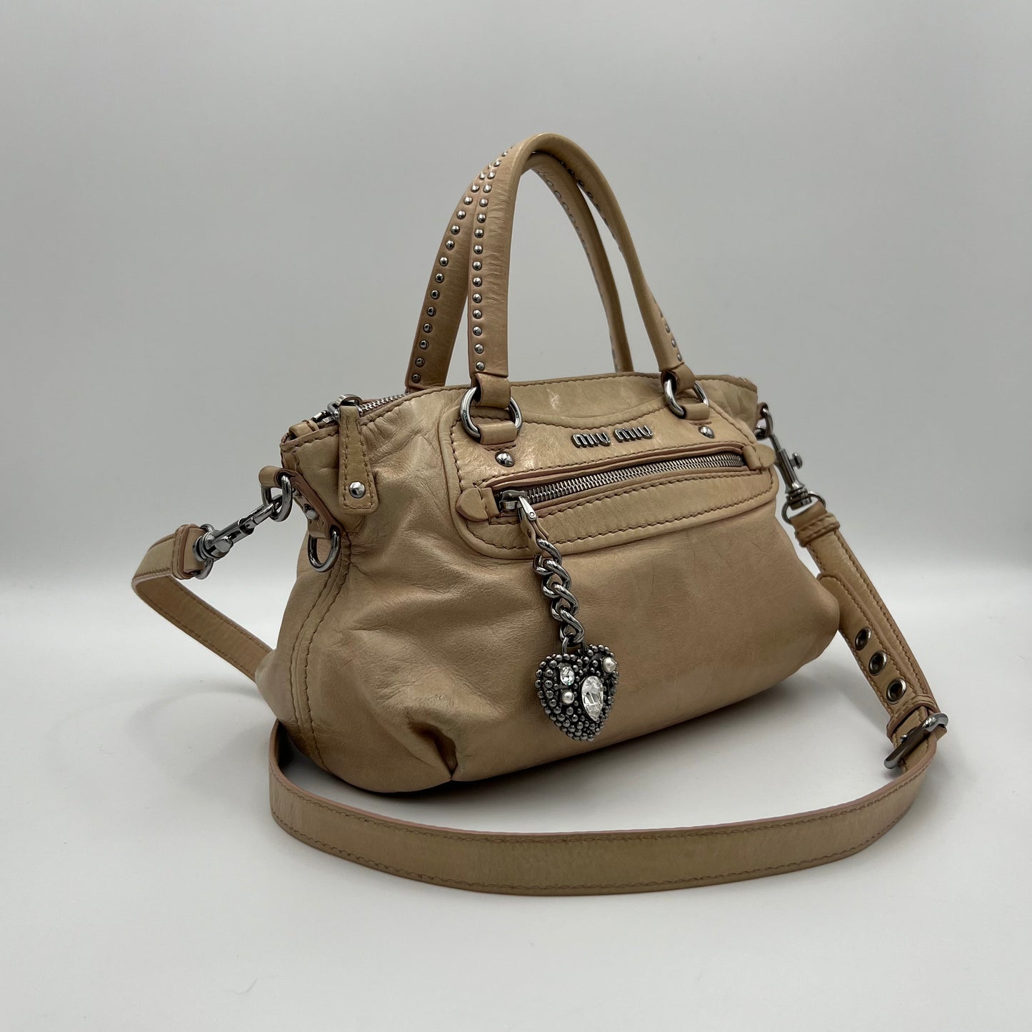 Miu Miu Beige Vitello Lux Crystal Heart Charm Two-Way Bag