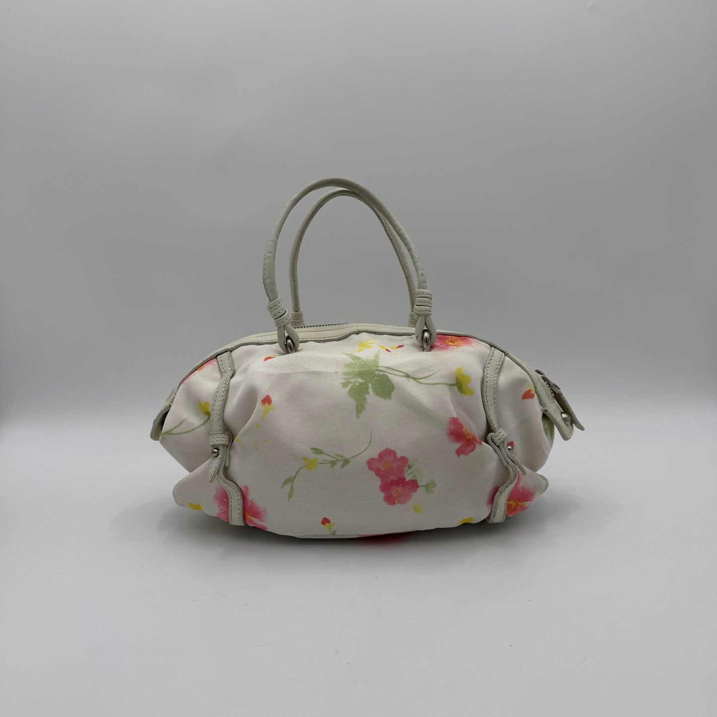 Salvatore Ferragamo White Floral Canvas and Leather Small Boston