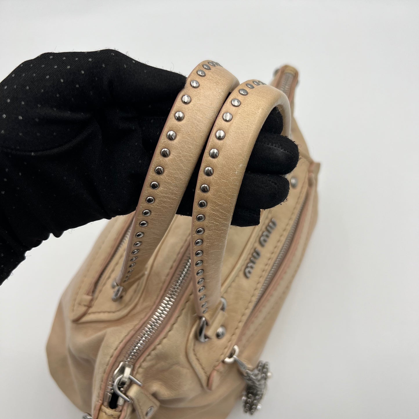 Miu Miu Beige Vitello Lux Crystal Heart Charm Two-Way Bag