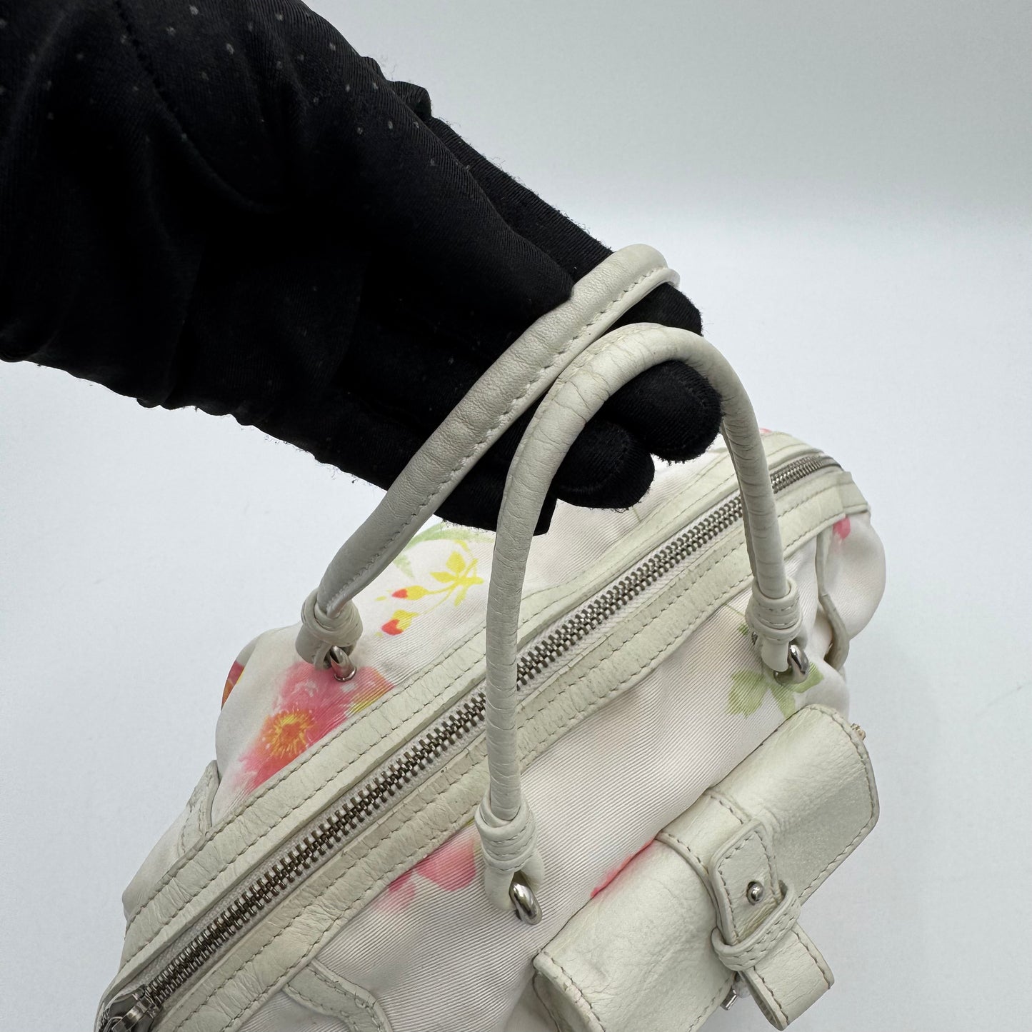 Salvatore Ferragamo White Floral Canvas and Leather Small Boston