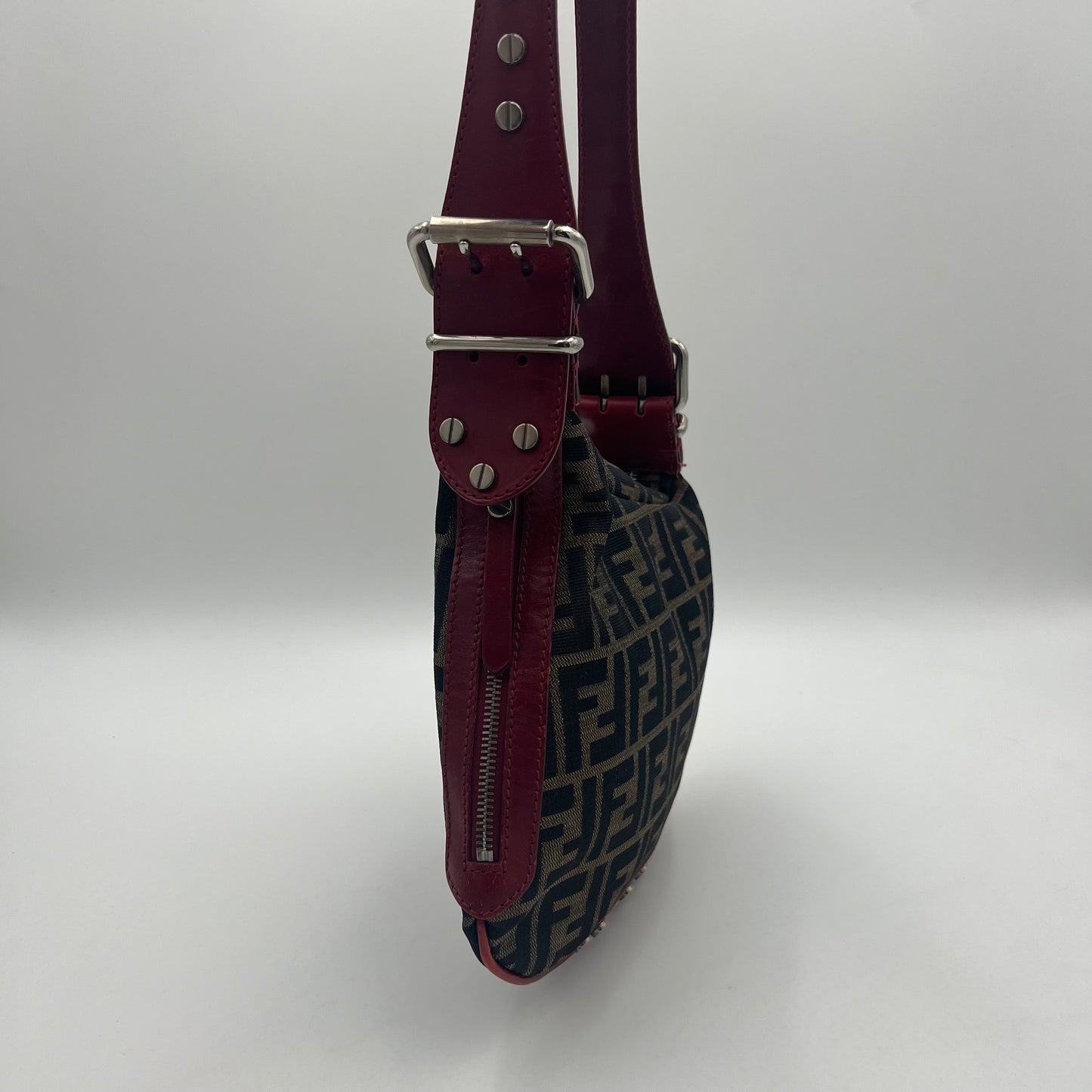 Fendi Tobacco Zucca and Studded Burgundy Leather Oyster Bag