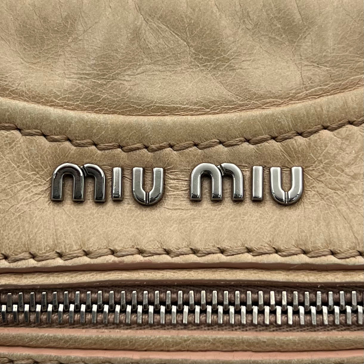 Miu Miu Beige Vitello Lux Crystal Heart Charm Two-Way Bag