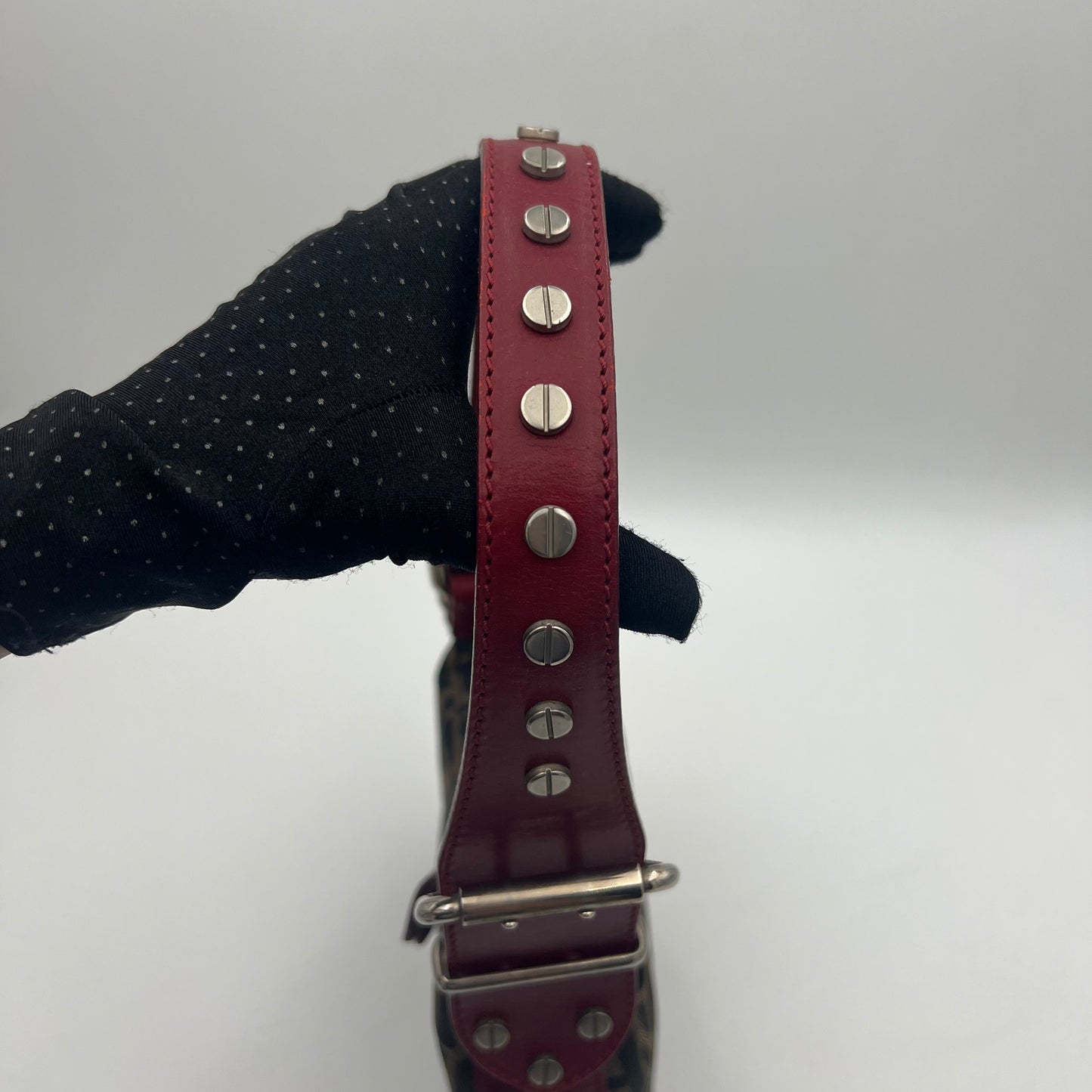 Fendi Tobacco Zucca and Studded Burgundy Leather Oyster Bag