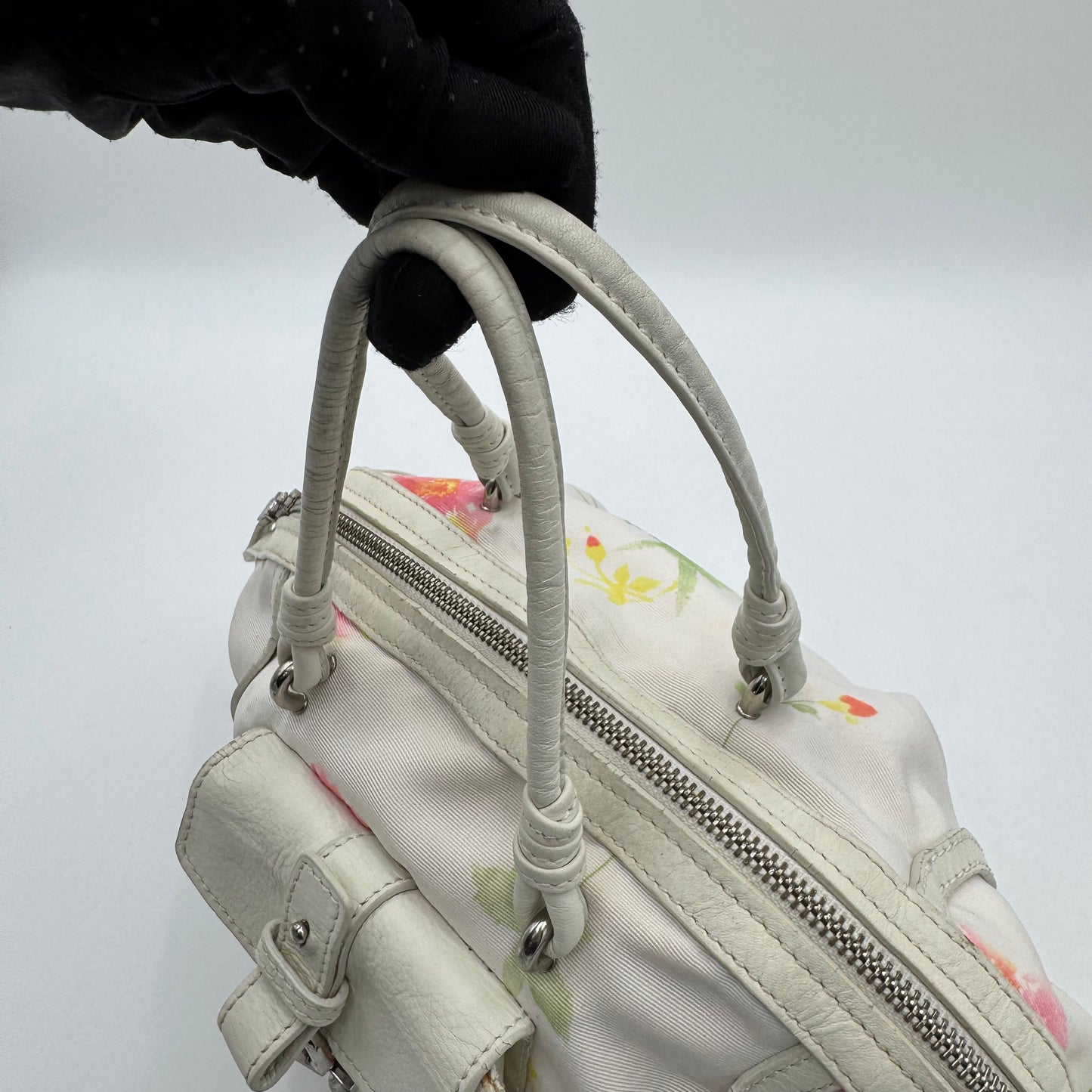 Salvatore Ferragamo White Floral Canvas and Leather Small Boston