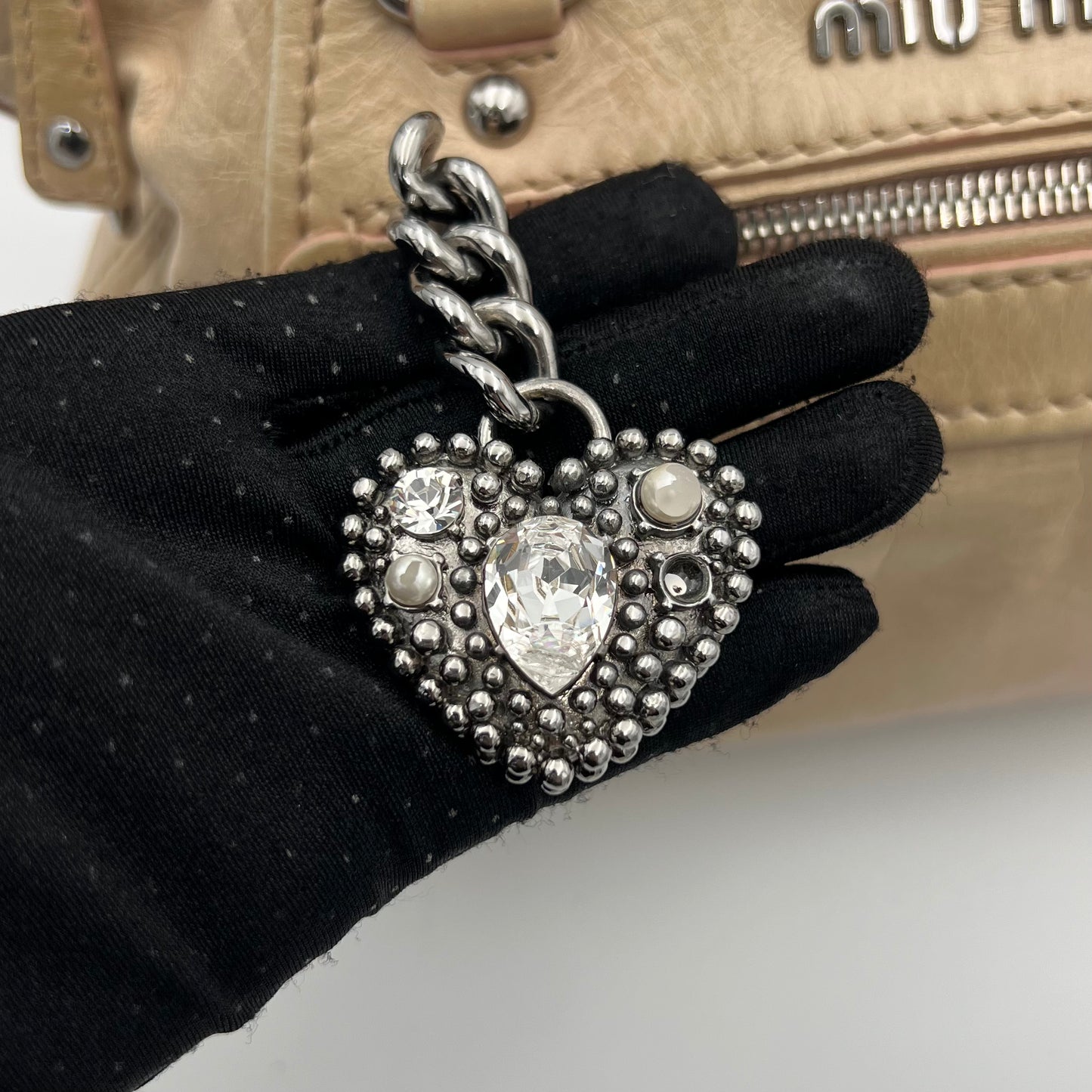 Miu Miu Beige Vitello Lux Crystal Heart Charm Two-Way Bag