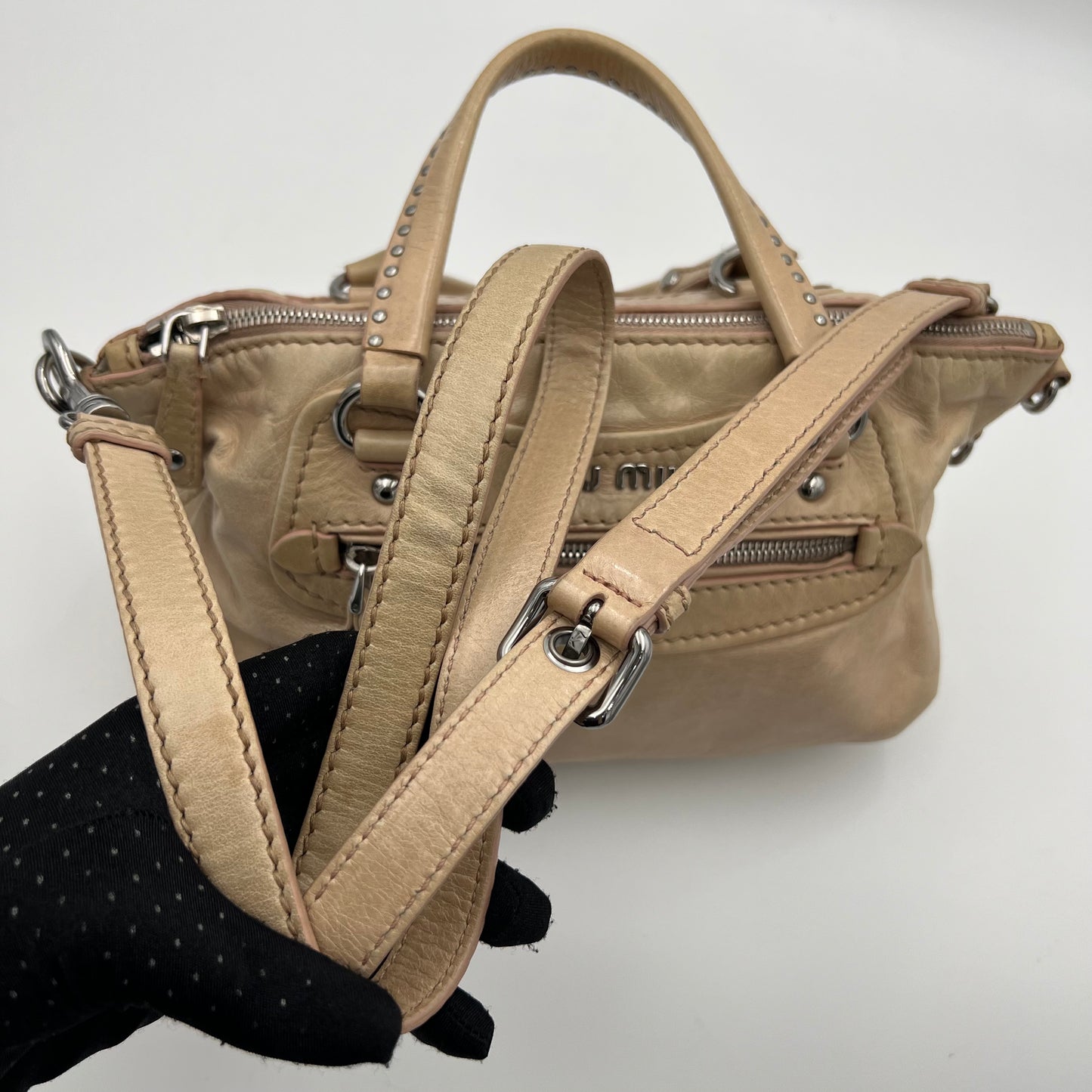 Miu Miu Beige Vitello Lux Crystal Heart Charm Two-Way Bag