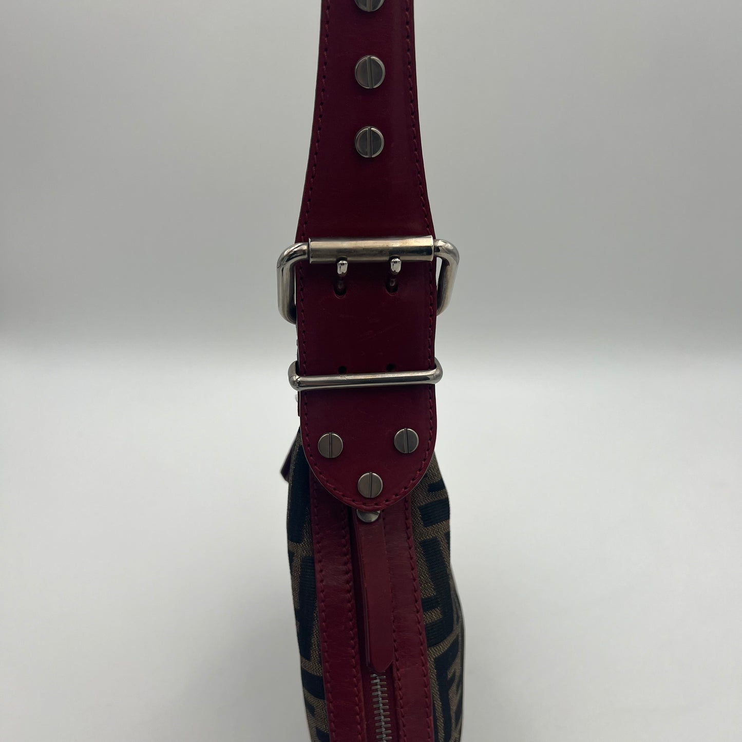 Fendi Tobacco Zucca and Studded Burgundy Leather Oyster Bag