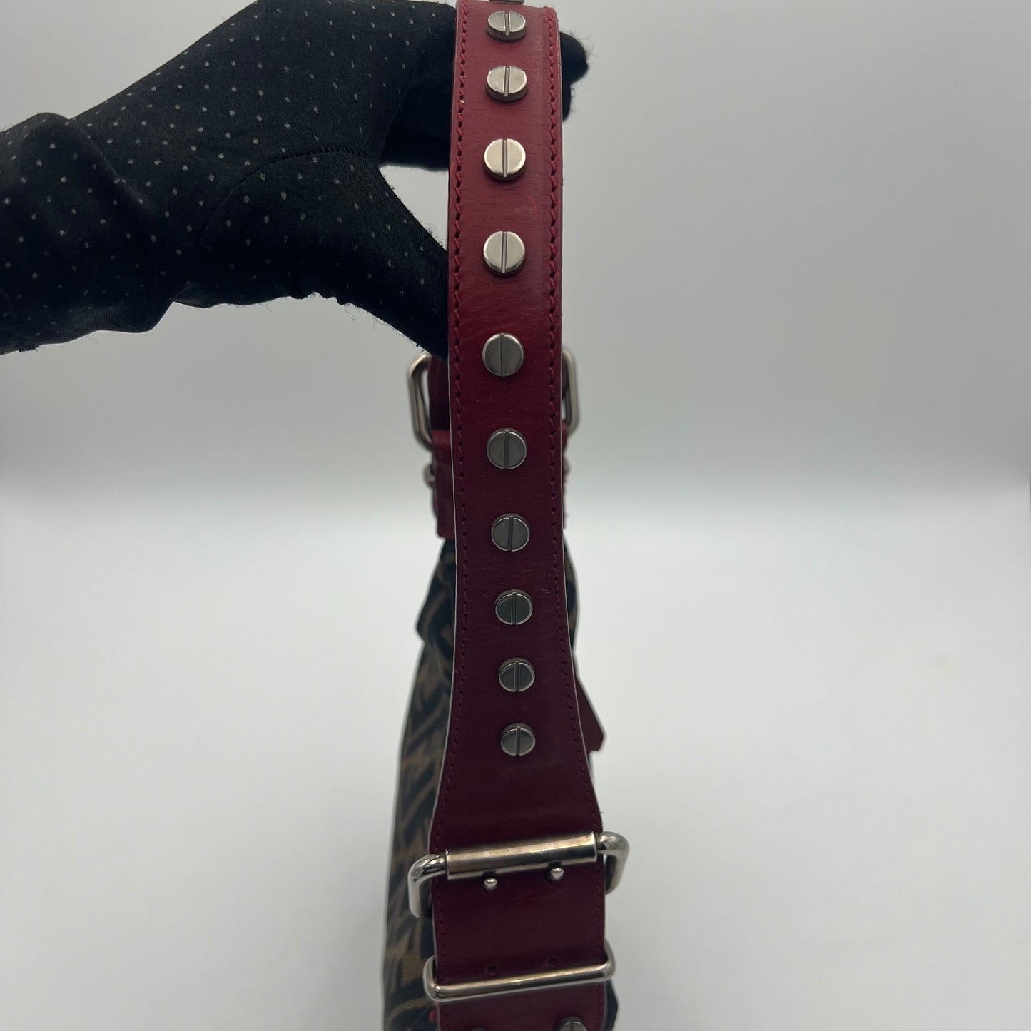 Fendi Tobacco Zucca and Studded Burgundy Leather Oyster Bag