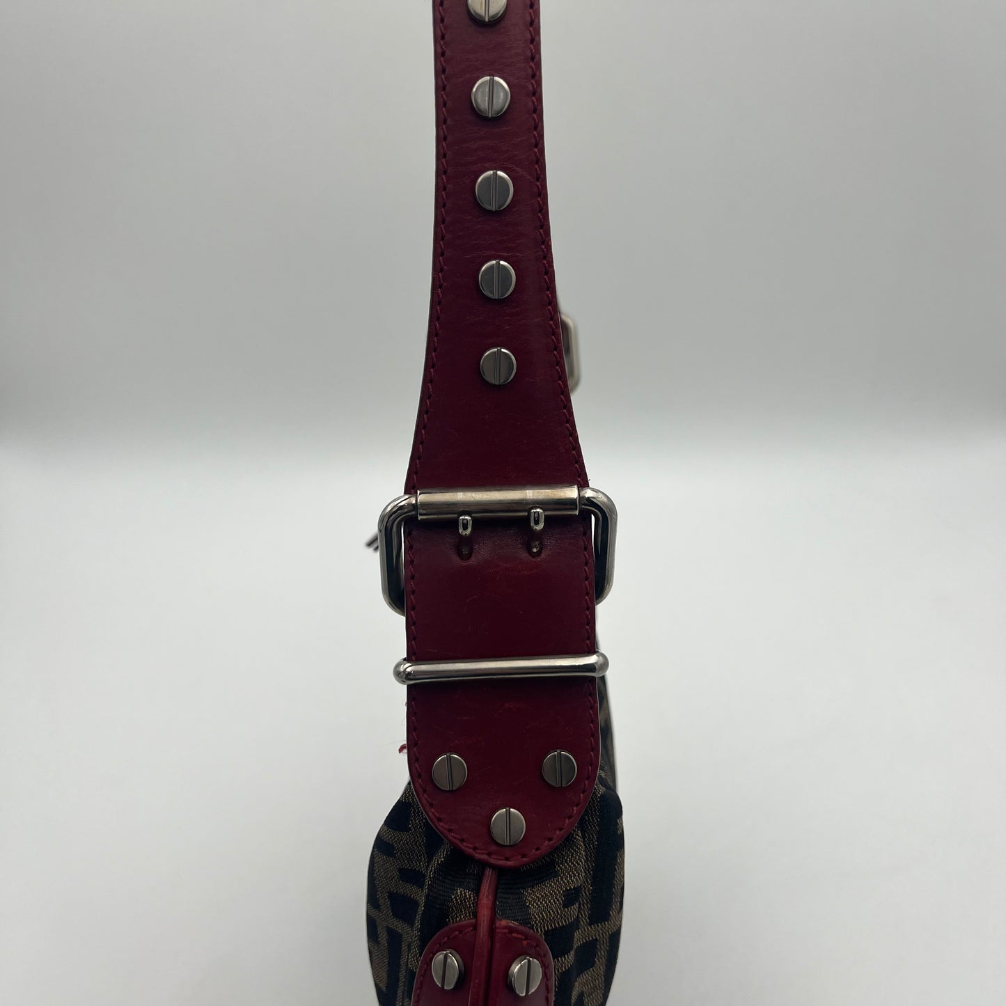Fendi Tobacco Zucca and Studded Burgundy Leather Oyster Bag