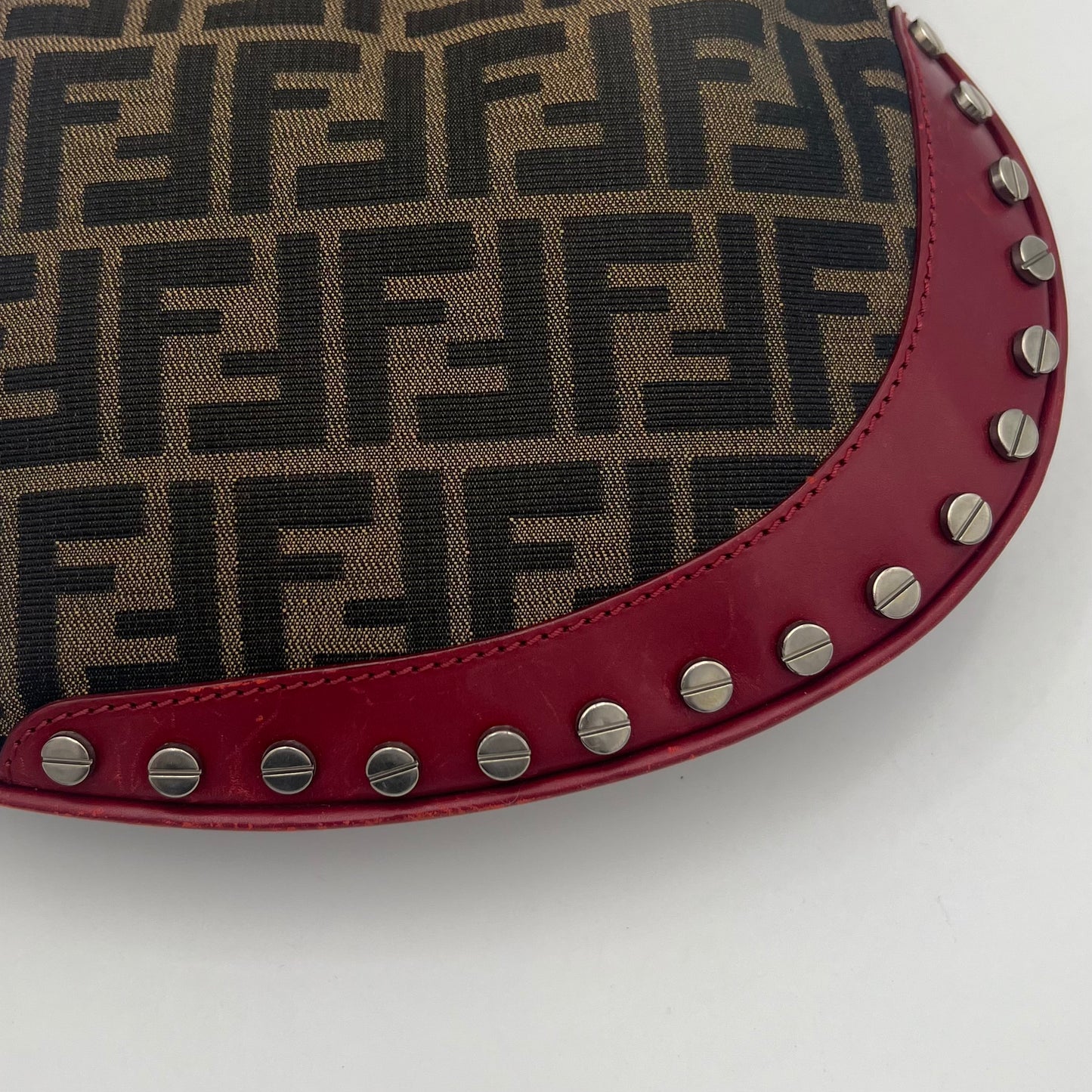 Fendi Tobacco Zucca and Studded Burgundy Leather Oyster Bag